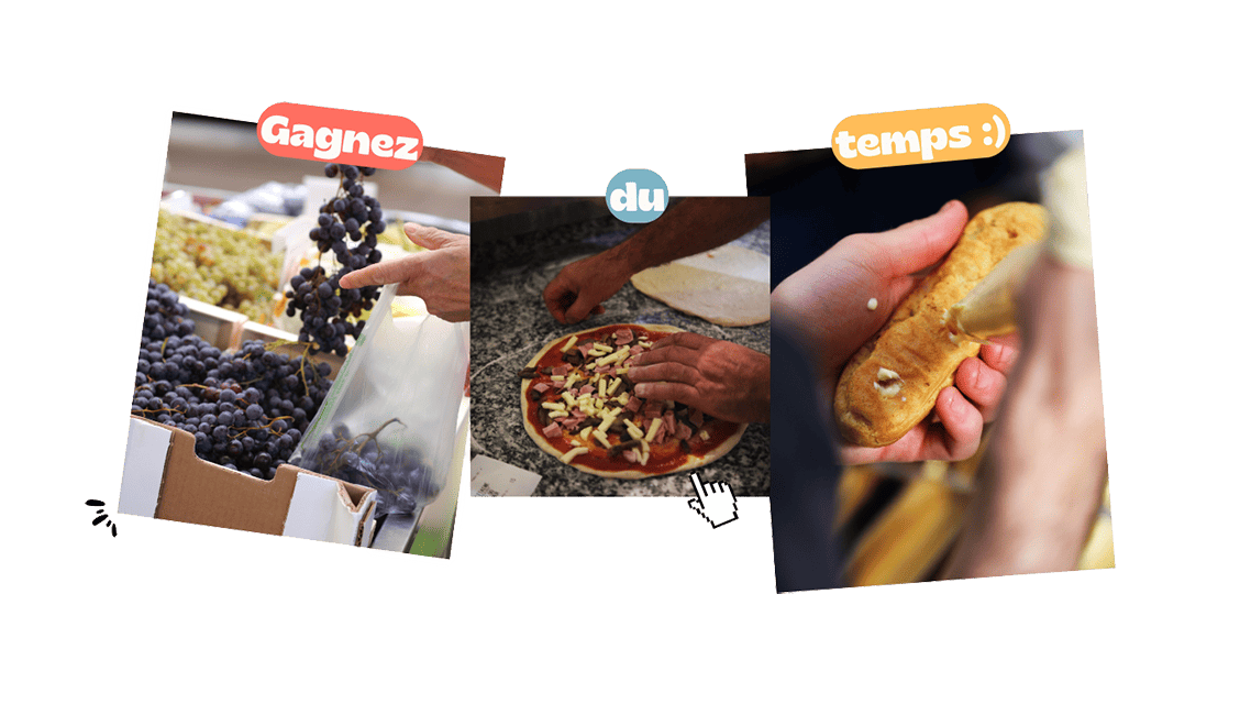 Trois images de commerçants différents. Grappe de raisin rouge, pizza fait main et éclaire à la vanille.