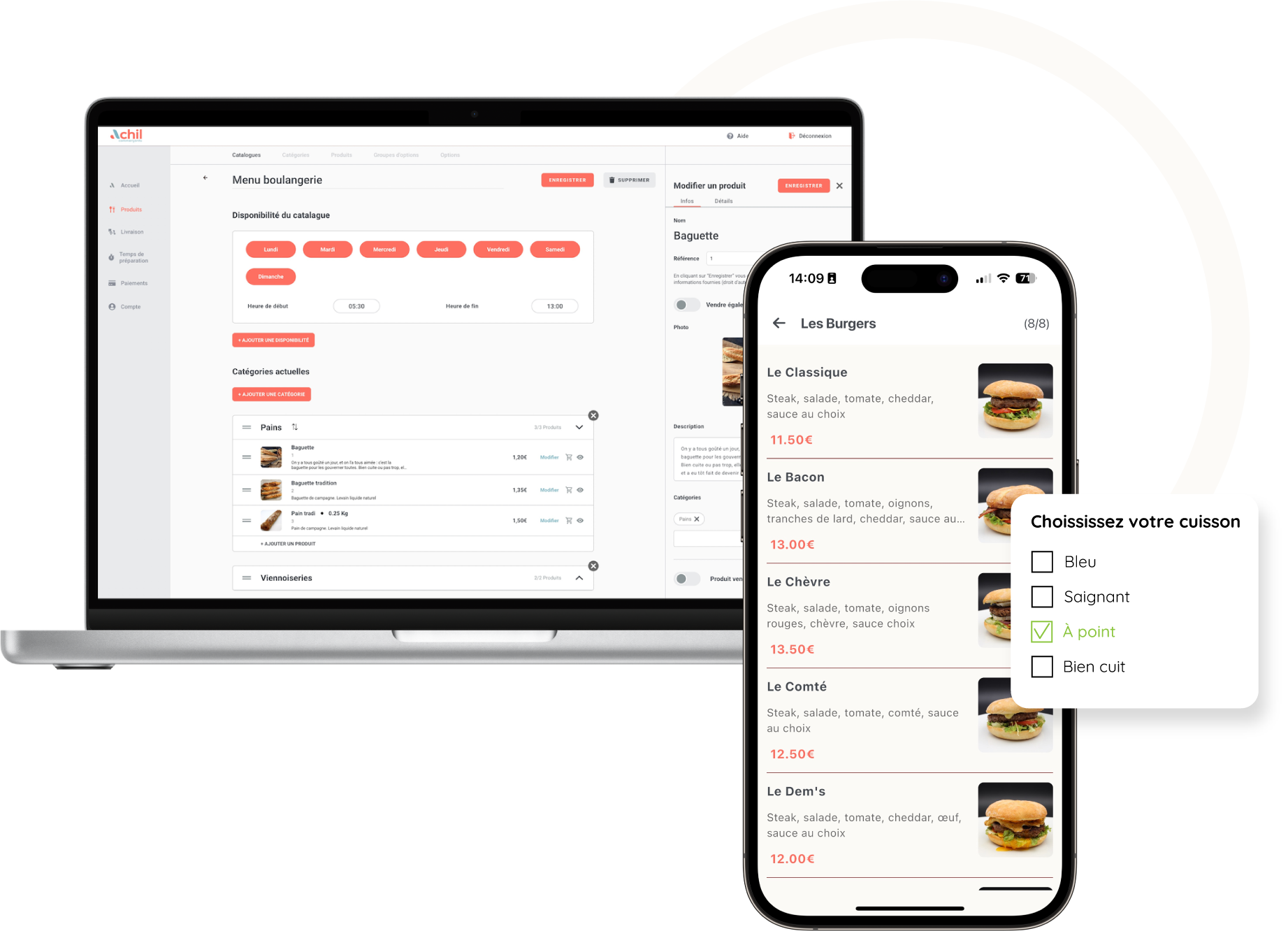 Deux mockup d'un téléphone d'une liste de burger, montrant les options possible concernant le choix de la cuisson, et un mock up d'un ordinateur montrant la création de menu depuis le shop manager achil