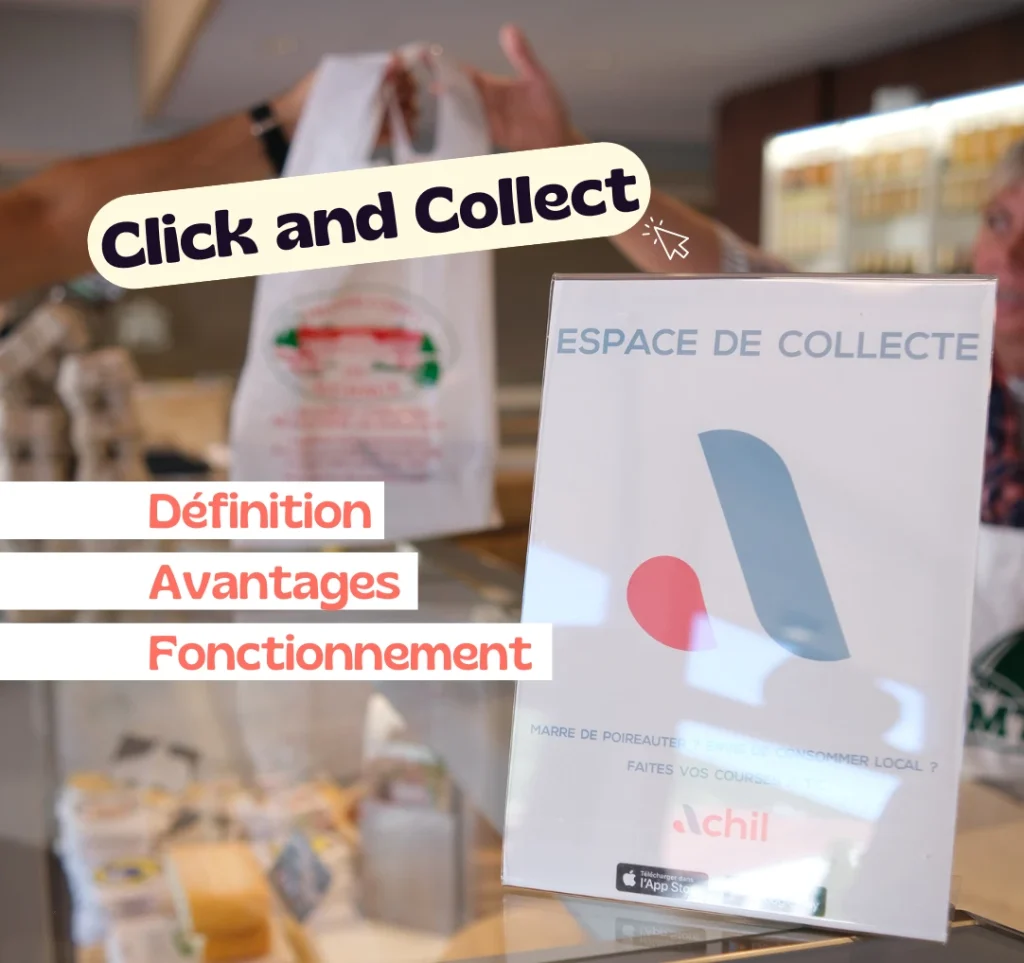 Image d'un espace de collecte. Texte sur image "click and collect, définition, avantages, fonctionnement"