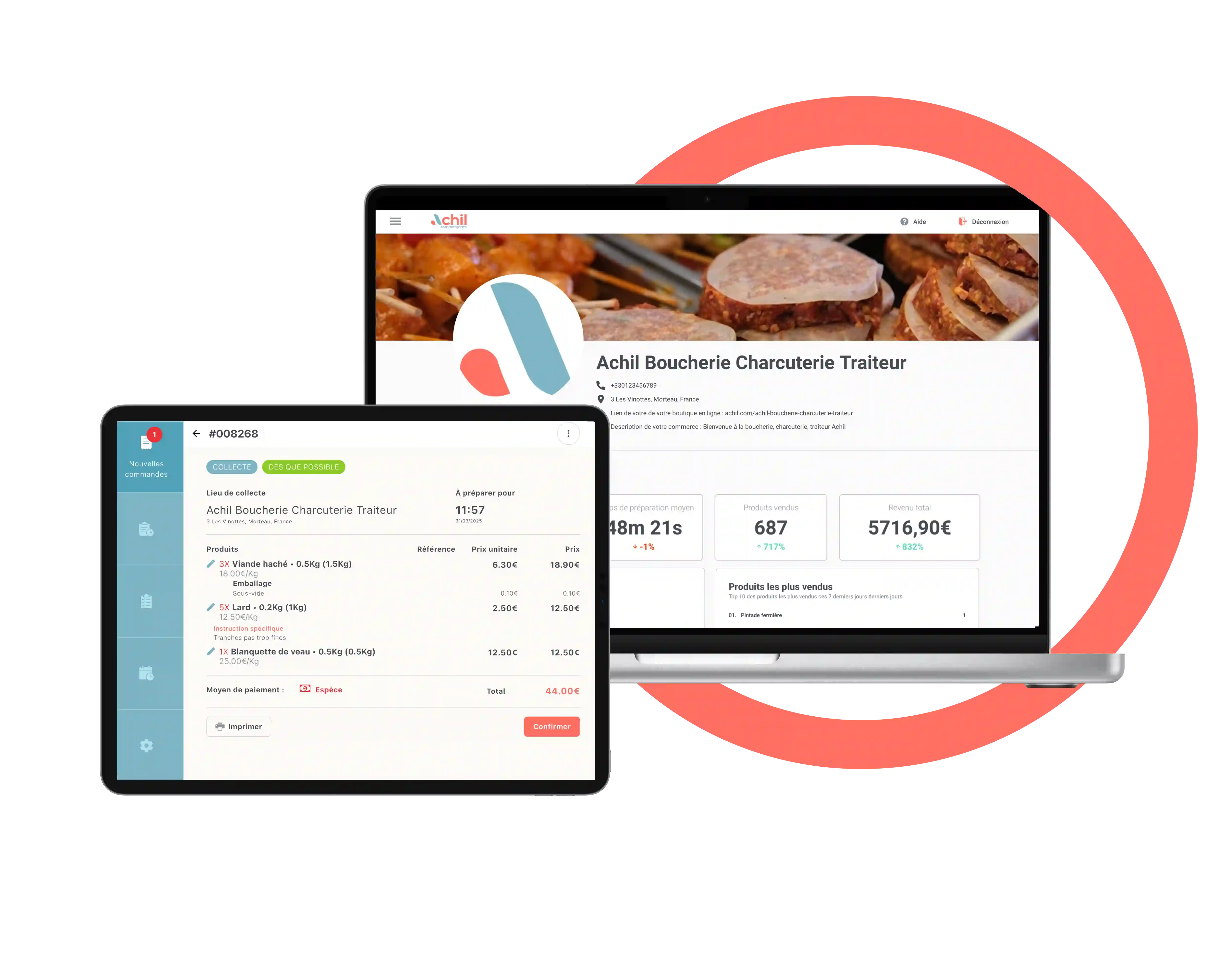 Tablette et ordinateur d'un boucher qui utilise la solution de commande en ligne Achil