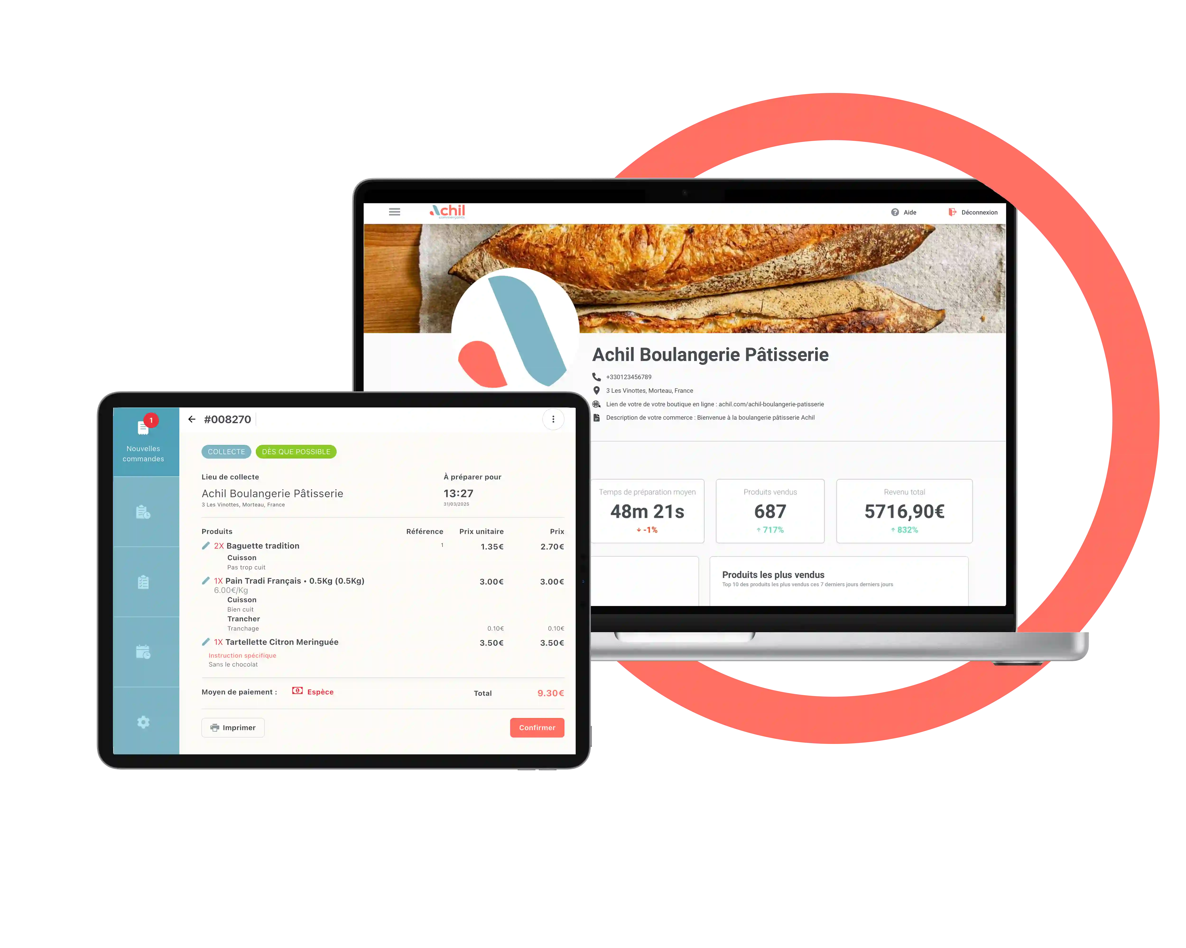Tablette et ordinateur d'un boulanger qui utilise la solution de commande en ligne Achil