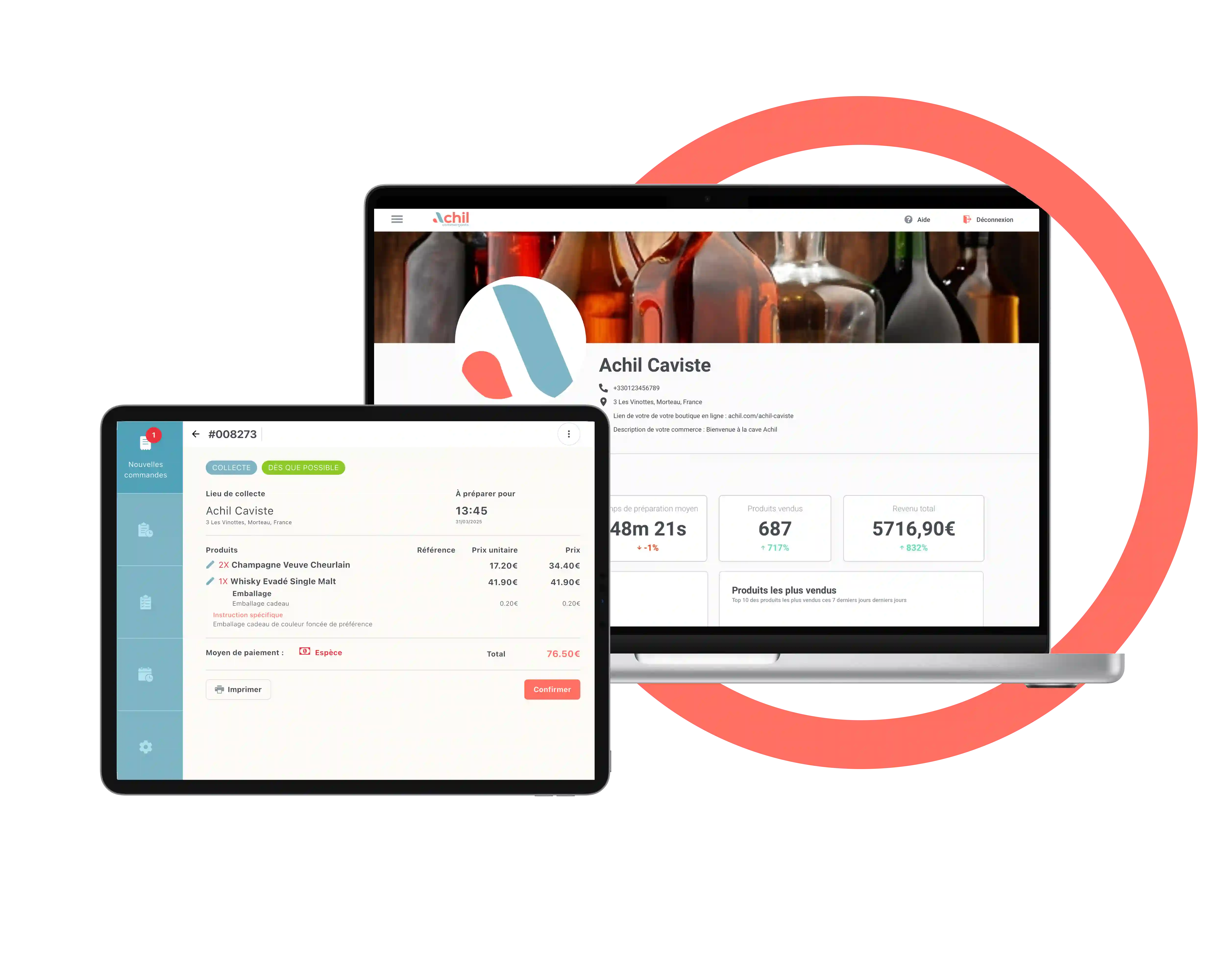Tablette et ordinateur d'un caviste qui utilise la solution de commande en ligne Achil