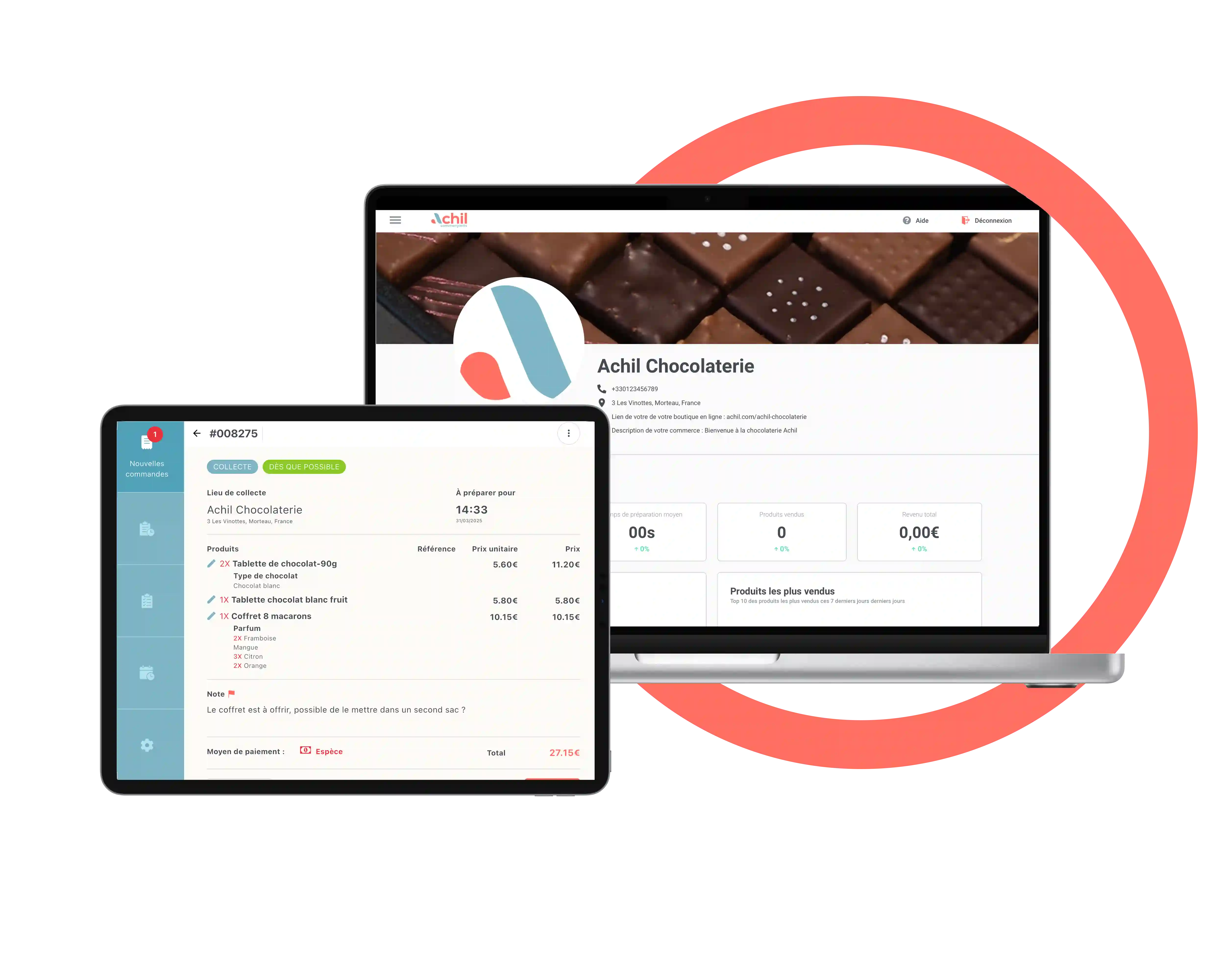 Tablette et ordinateur d'un chocolatier qui utilise la solution de commande en ligne Achil