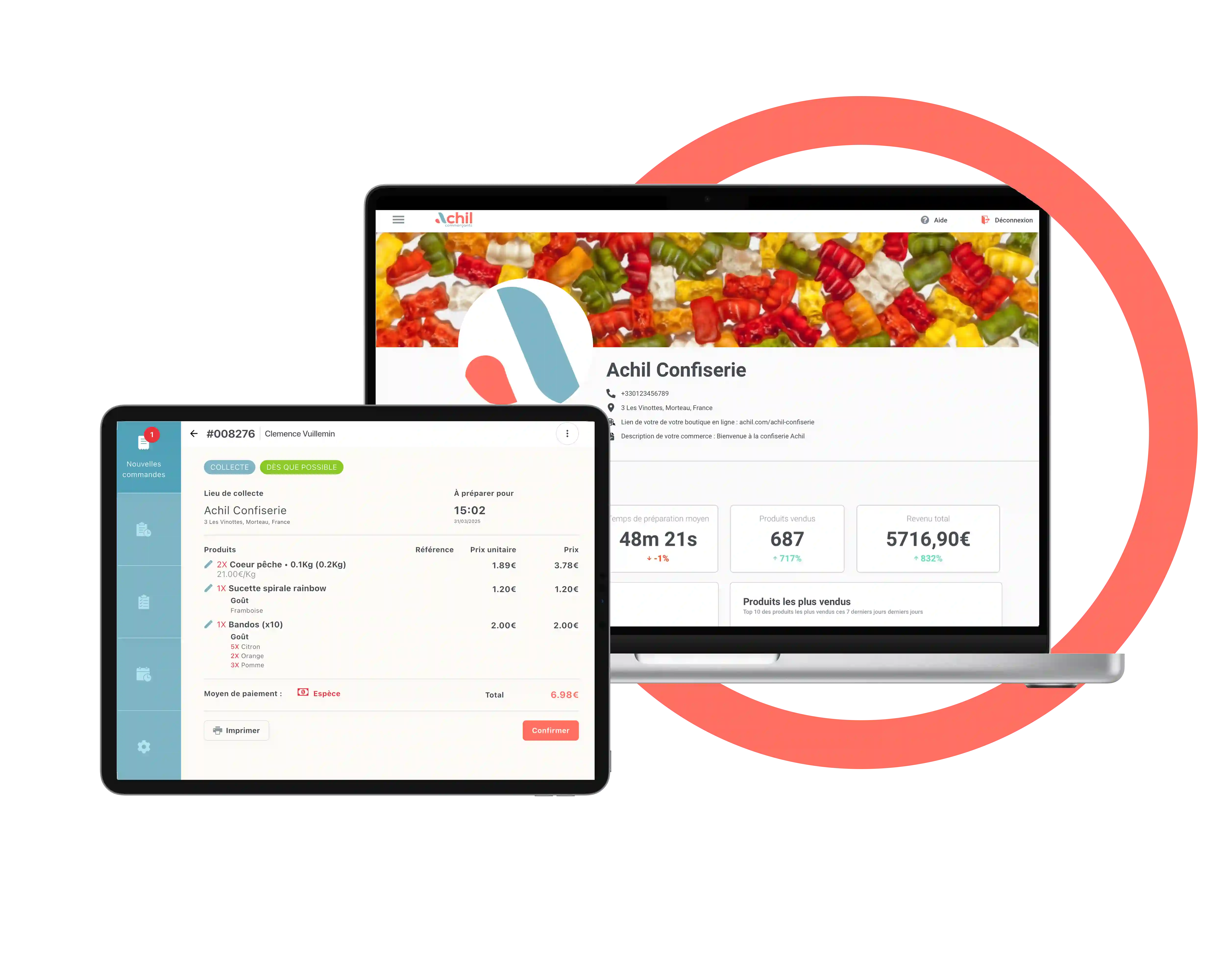 Tablette et ordinateur d'un commerçant qui vend des confiseries qui utilise la solution de commande en ligne Achil