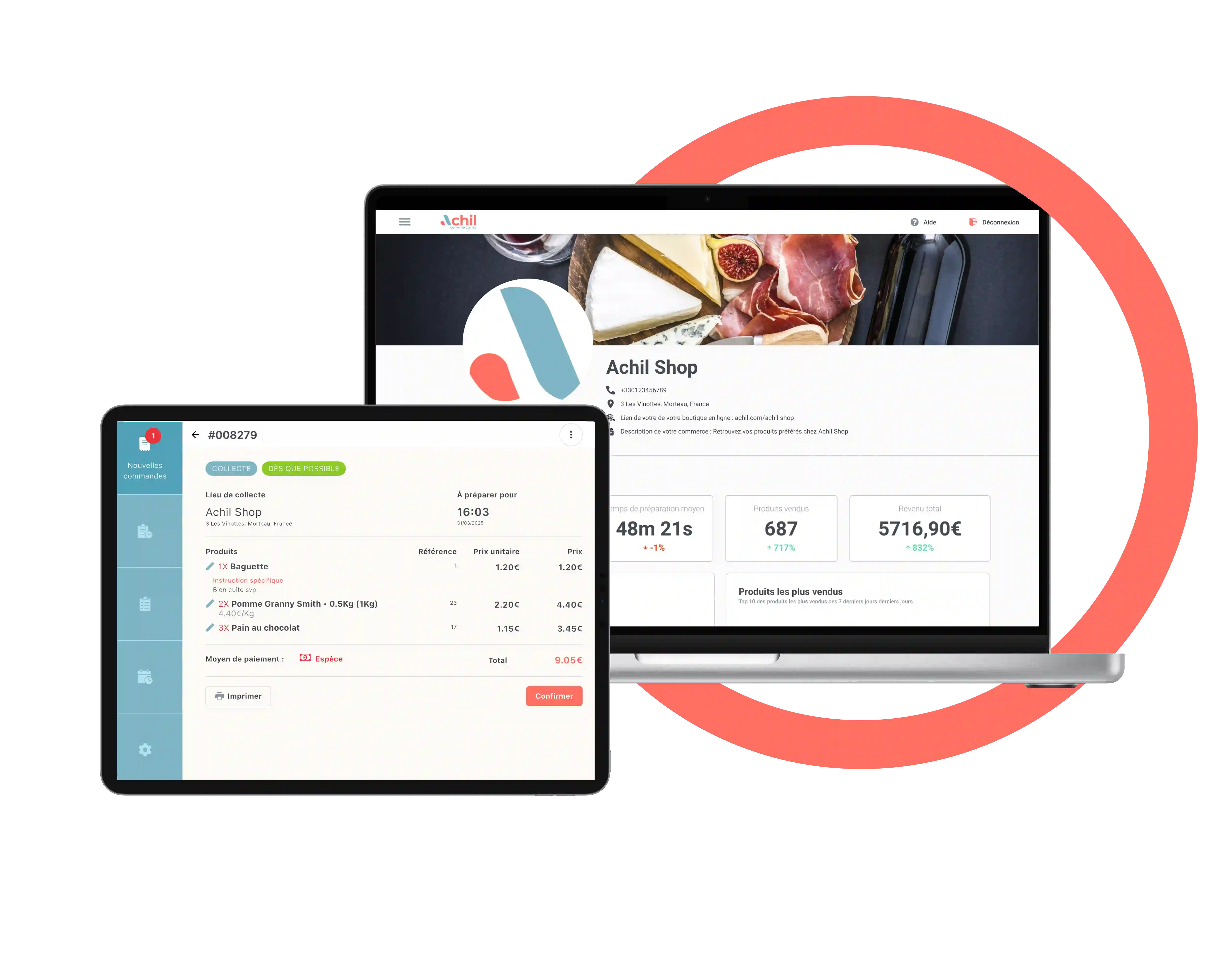Tablette et ordinateur d'une épicerie qui utilise la solution de commande en ligne Achil