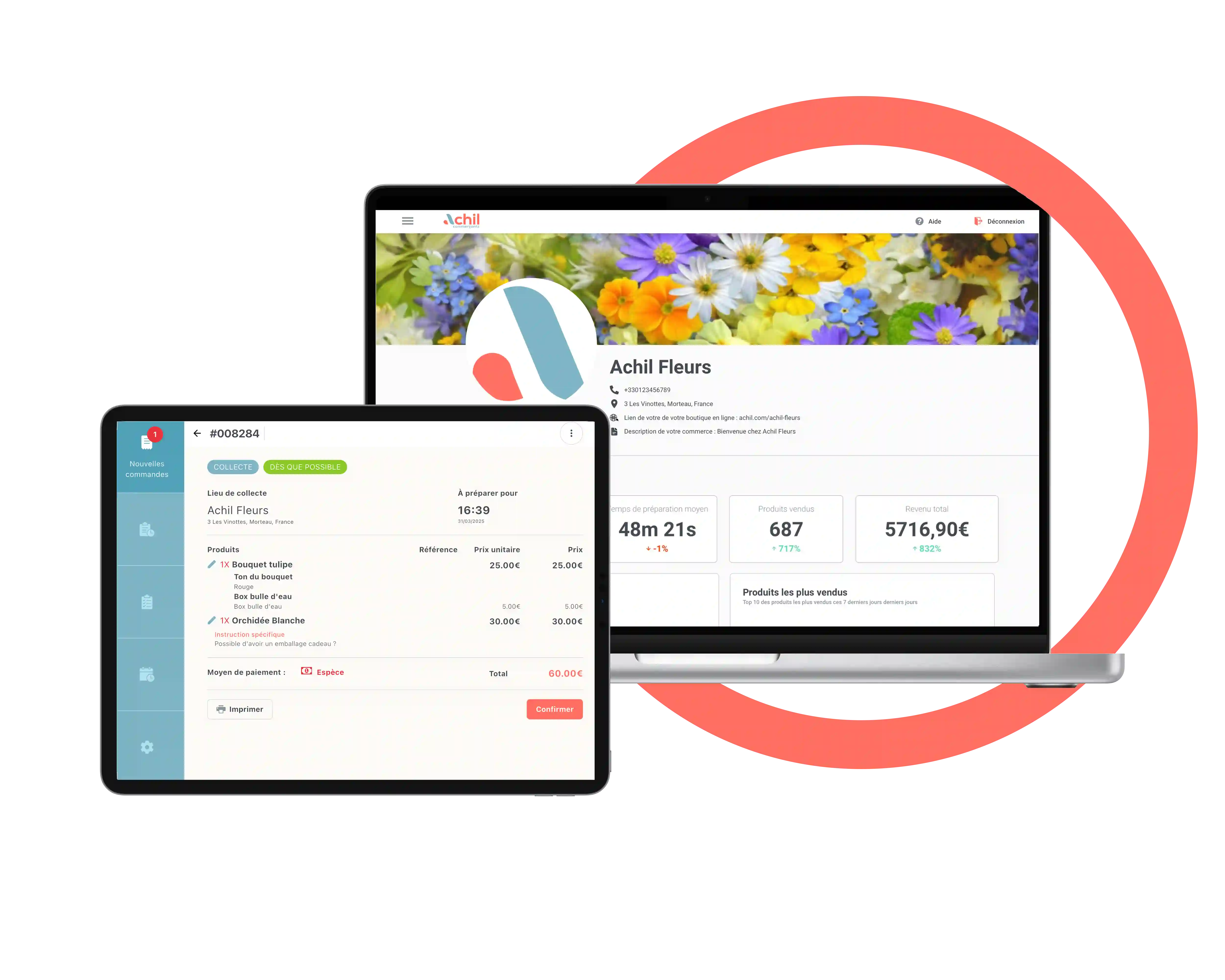 Tablette et ordinateur d'un fleuriste qui utilise la solution de commande en ligne Achil