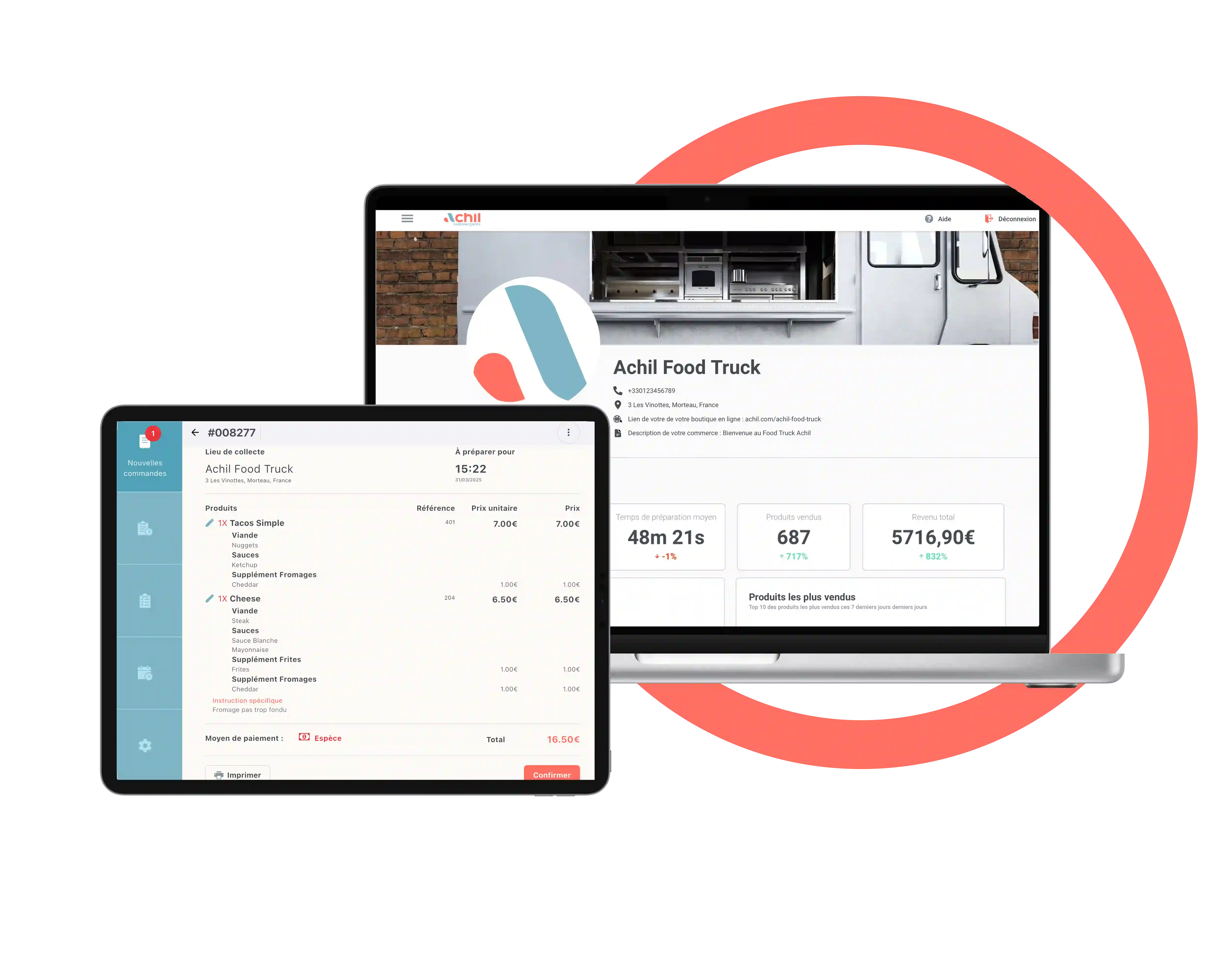 Tablette et ordinateur d'un food truck qui utilise la solution de commande en ligne Achil