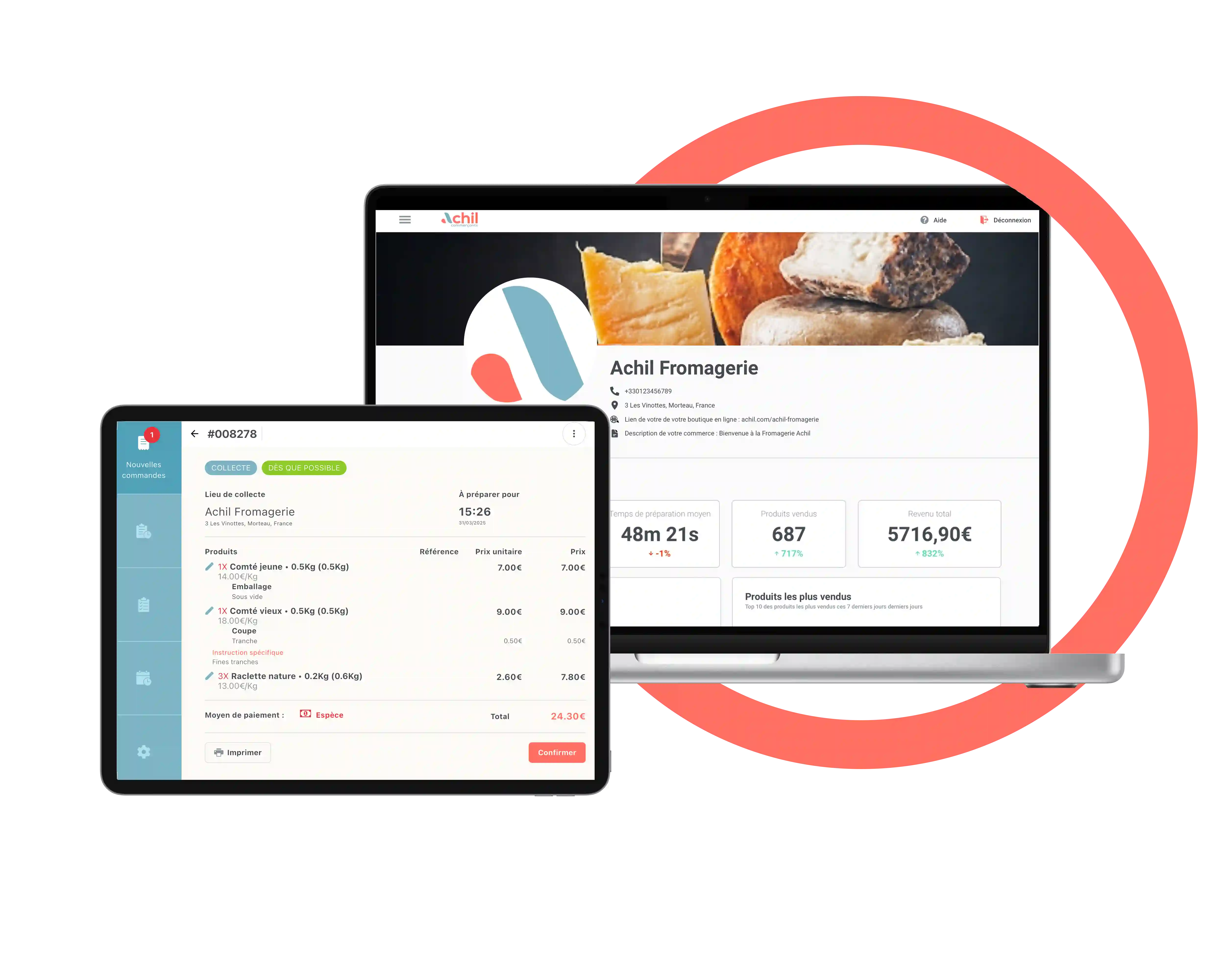 Tablette et ordinateur d'une fromagerie qui utilise la solution de commande en ligne Achil