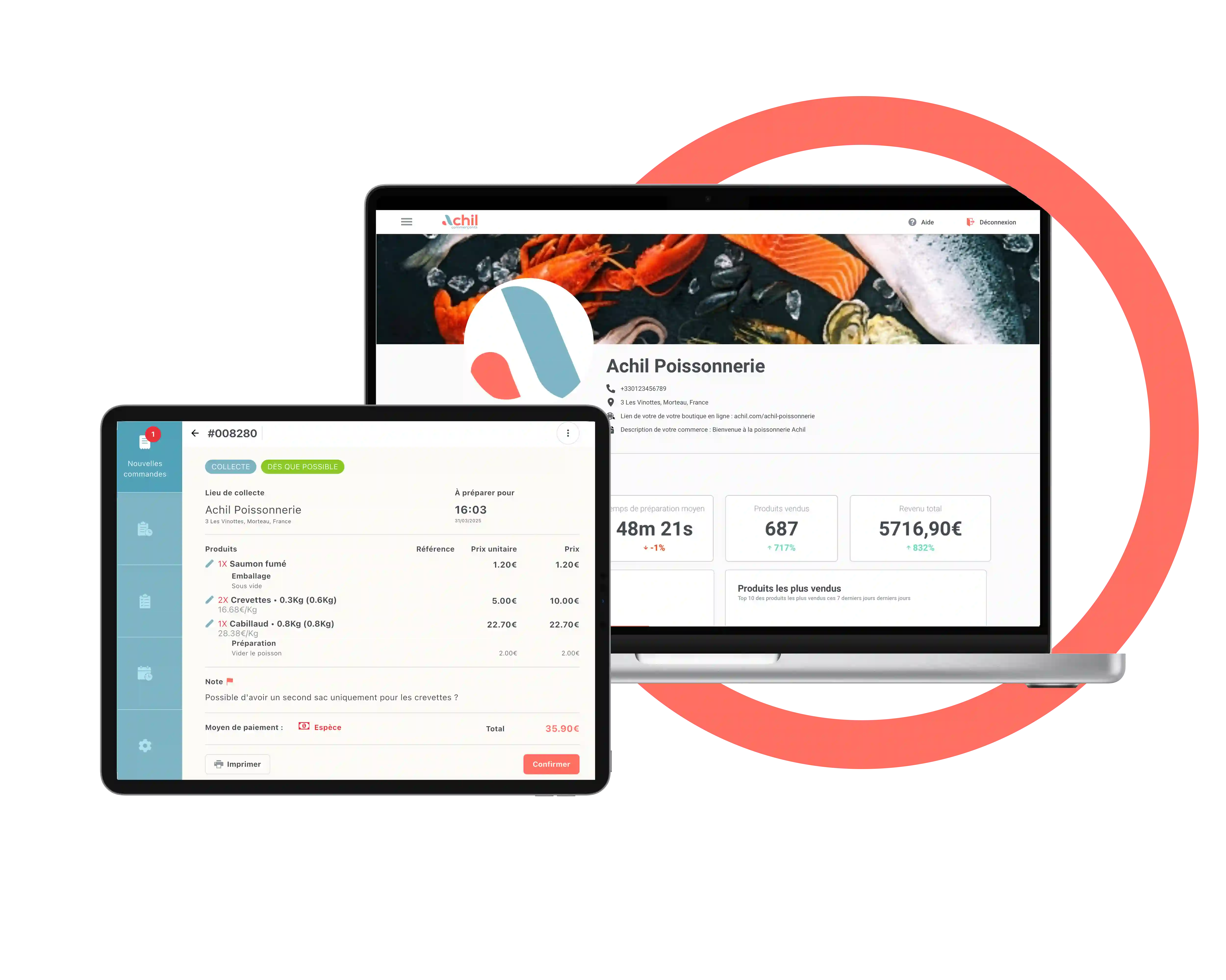 Tablette et ordinateur d'une poissonnerie qui utilise la solution de commande en ligne Achil