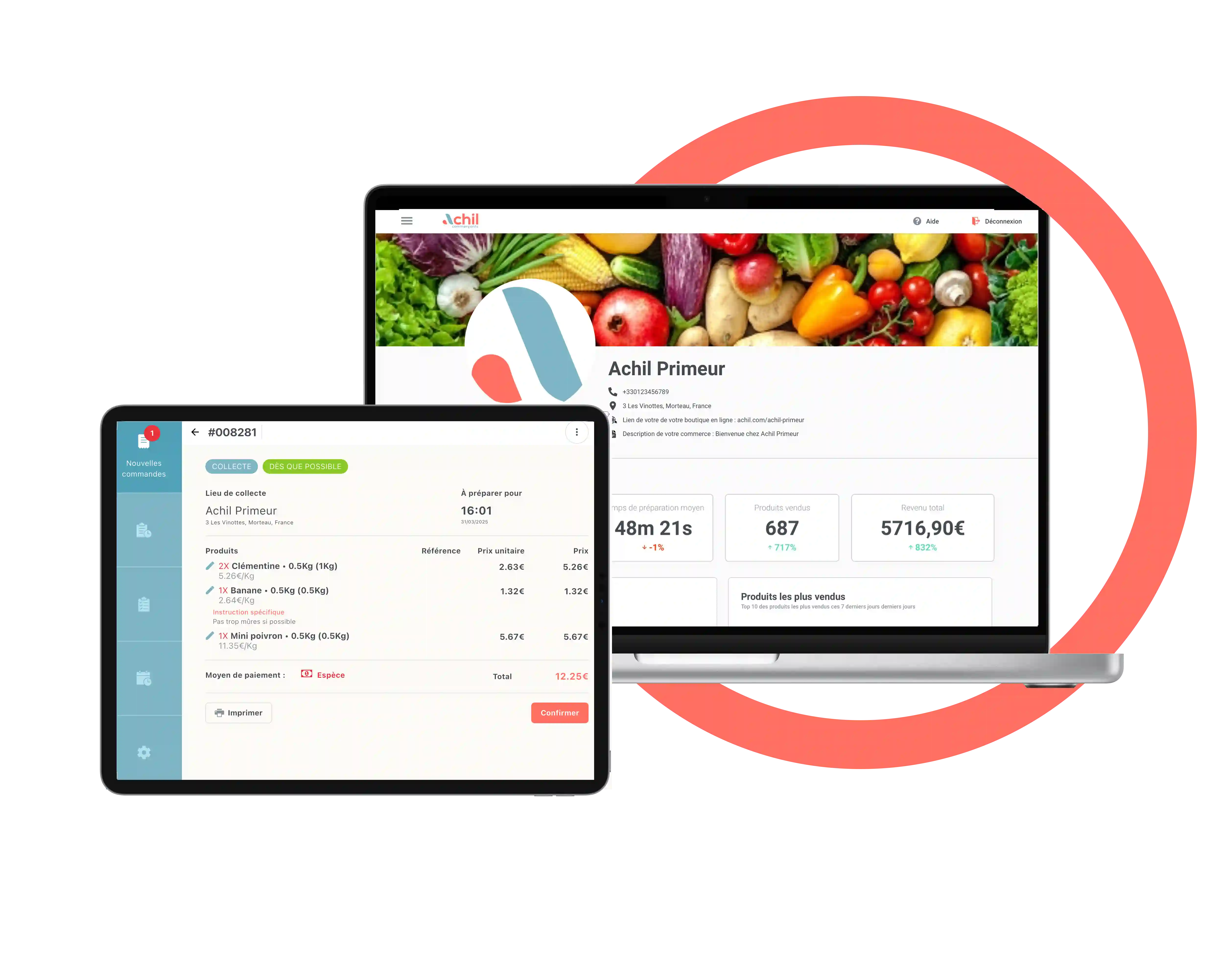 Tablette et ordinateur d'un primeur qui utilise la solution de commande en ligne Achil