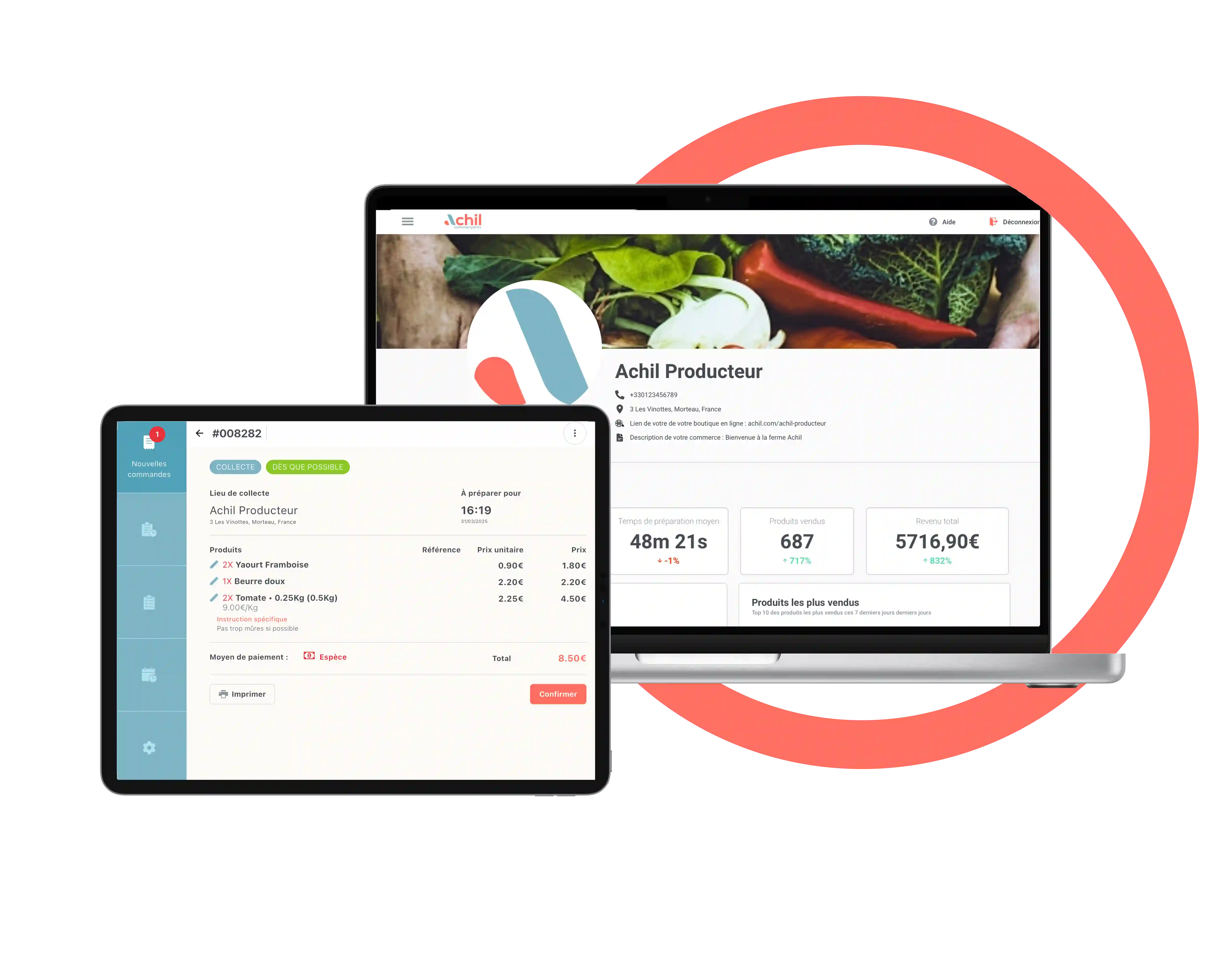 Tablette et ordinateur d'un producteur qui utilise la solution de commande en ligne Achil