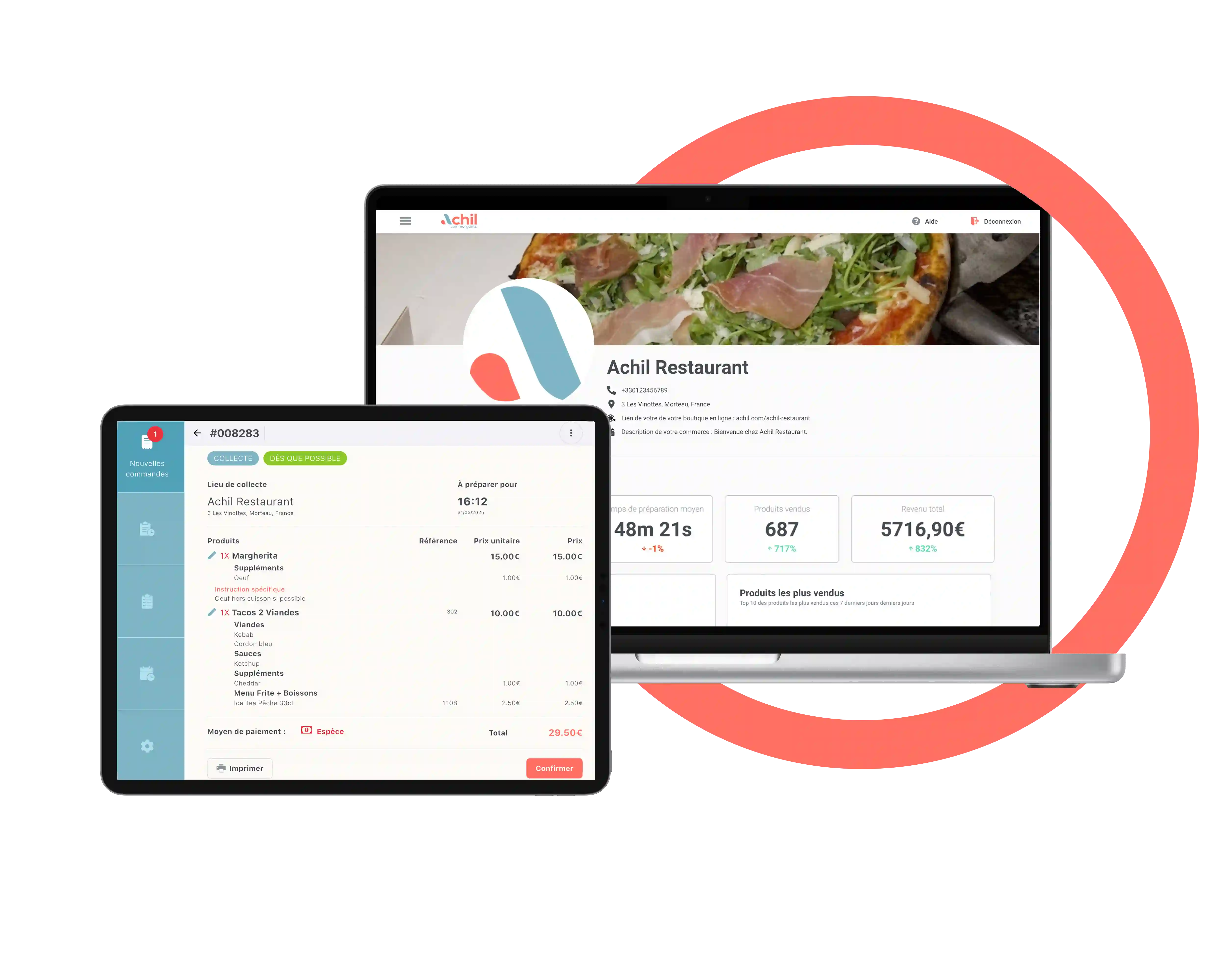 Tablette et ordinateur d'un restaurant qui utilise la solution de commande en ligne Achil