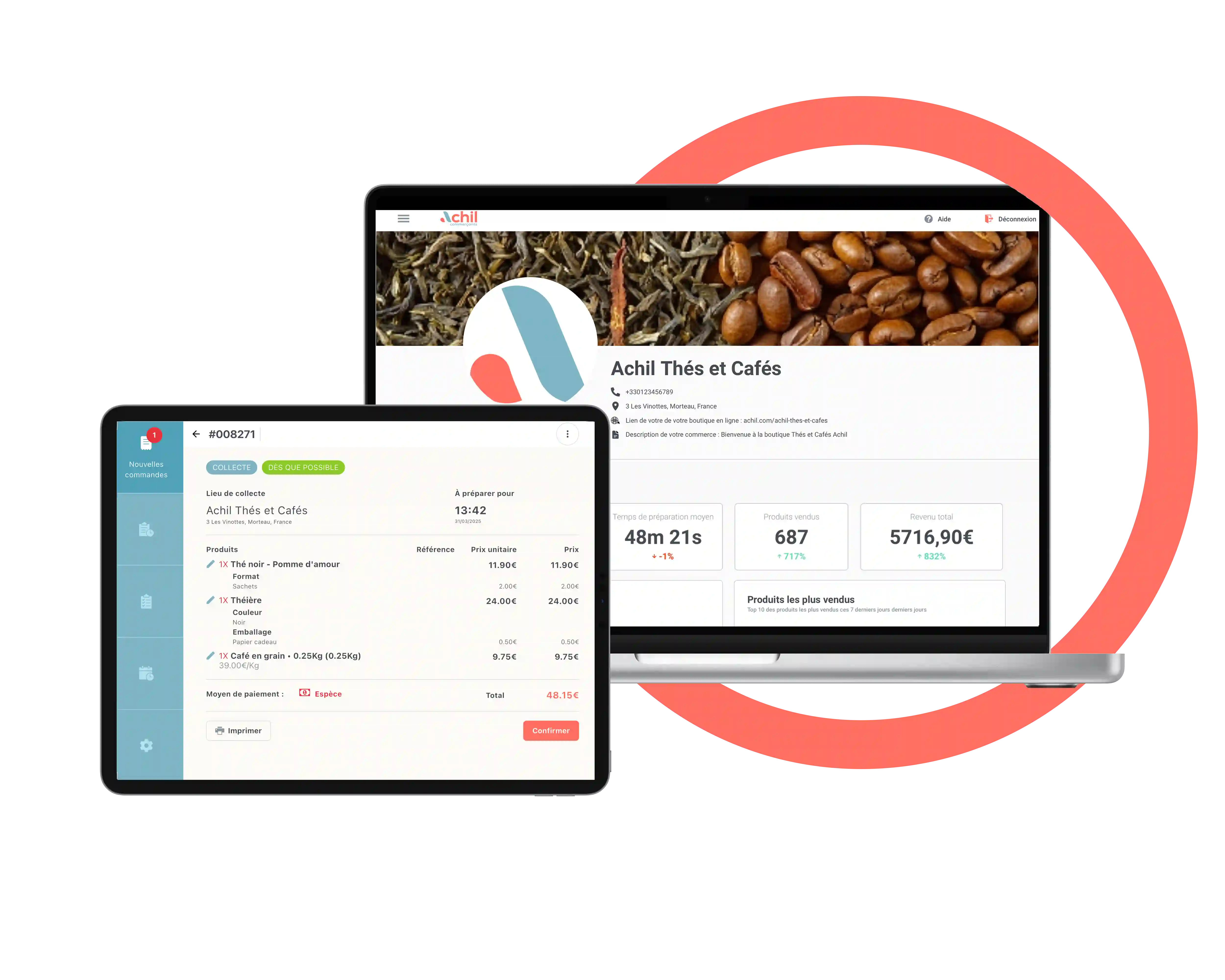 Tablette et ordinateur d'un commerçant qui vend du thés et du café qui utilise la solution de commande en ligne Achil