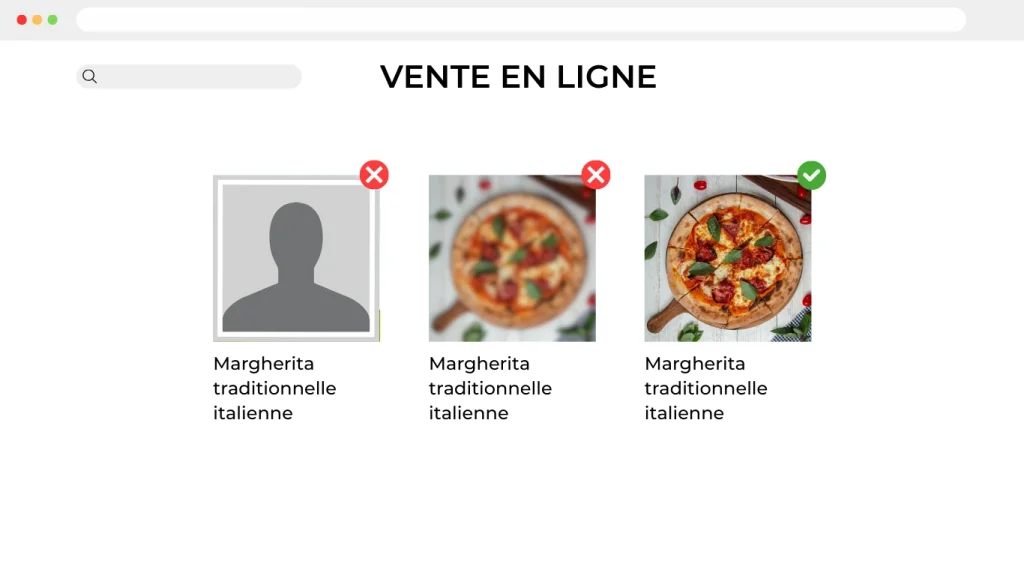 illustration d'un site web de vente en ligne avec des images de mauvaises qualités vs de bonne qualité