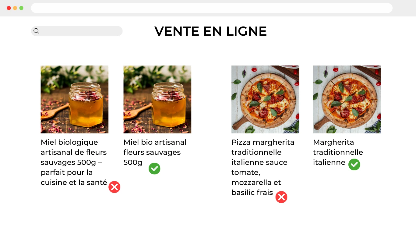 Illustration d'un site de vente en ligne avec des titres trop long et des titres bien optimisés