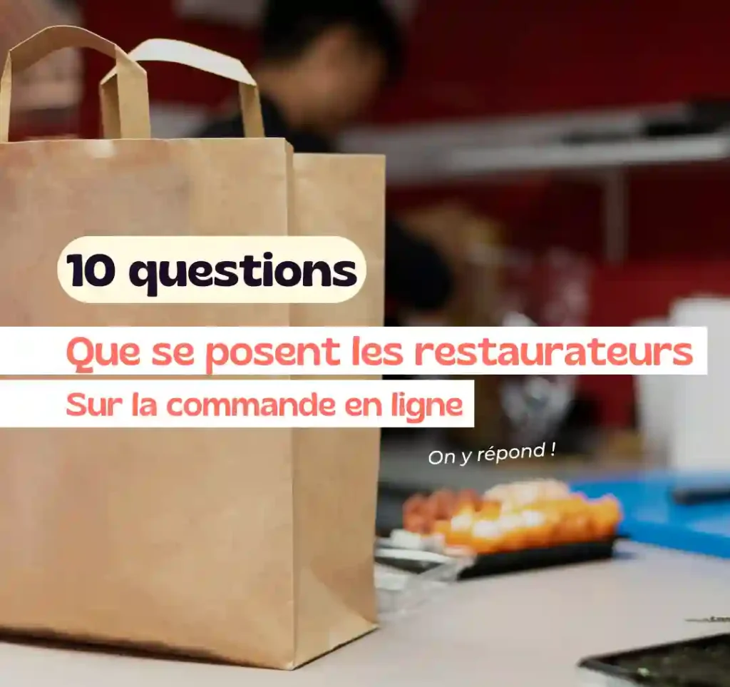 Image d'un sac d'une commande en ligne. texte sur image "10 questions que se posent les restaurateurs sur la commande en ligne, on y répond"