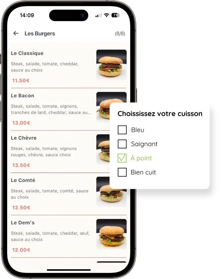 mockup d'un téléphone portable montrant la possibilité d'ajouter des options de produit sur de la vente en ligne pour un restaurant