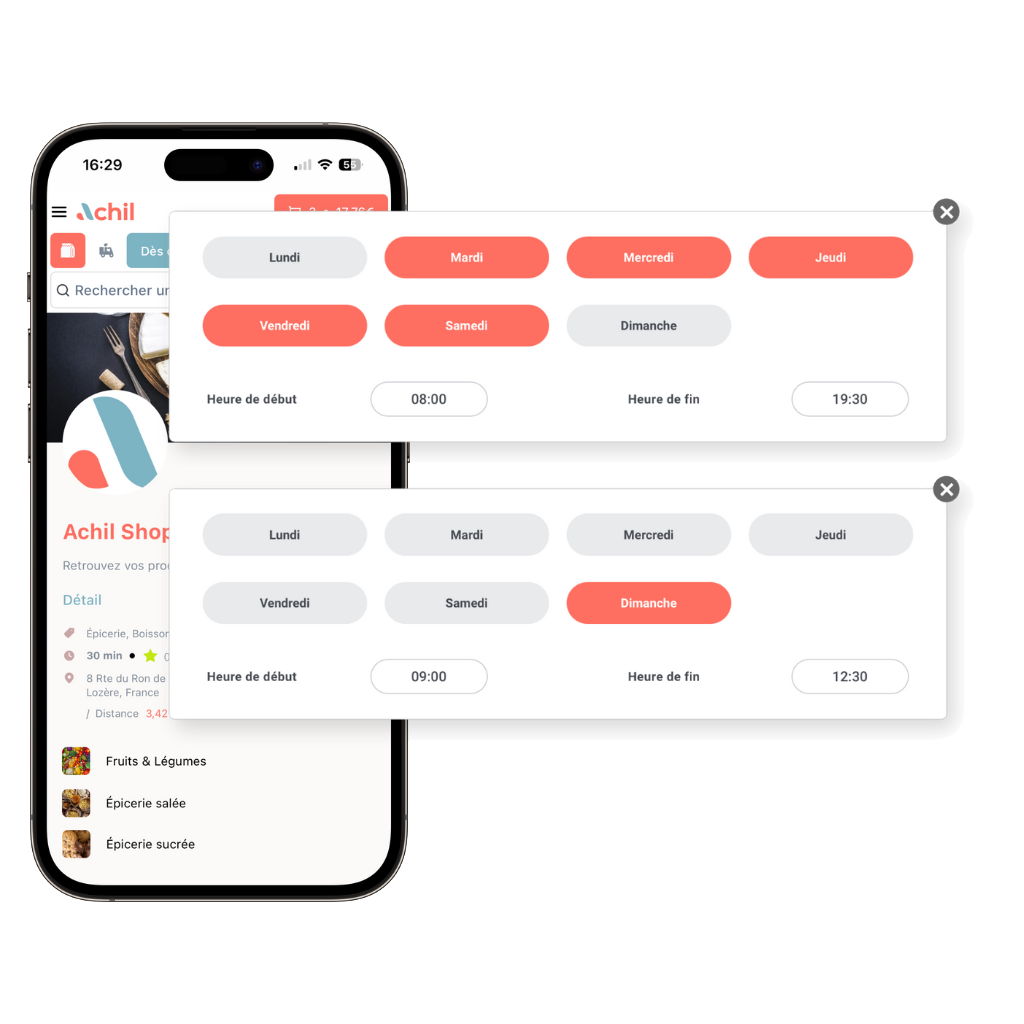 mockup d'un téléphone et le détail des horaires d'ouverture d'une boutique en ligne