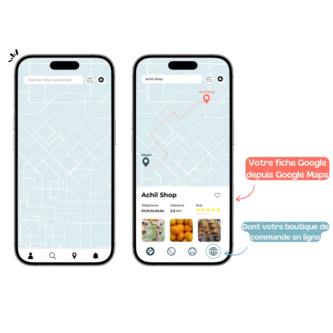 illustration de deux téléphones pour montrer la fiche google et la boutique en ligne disponible