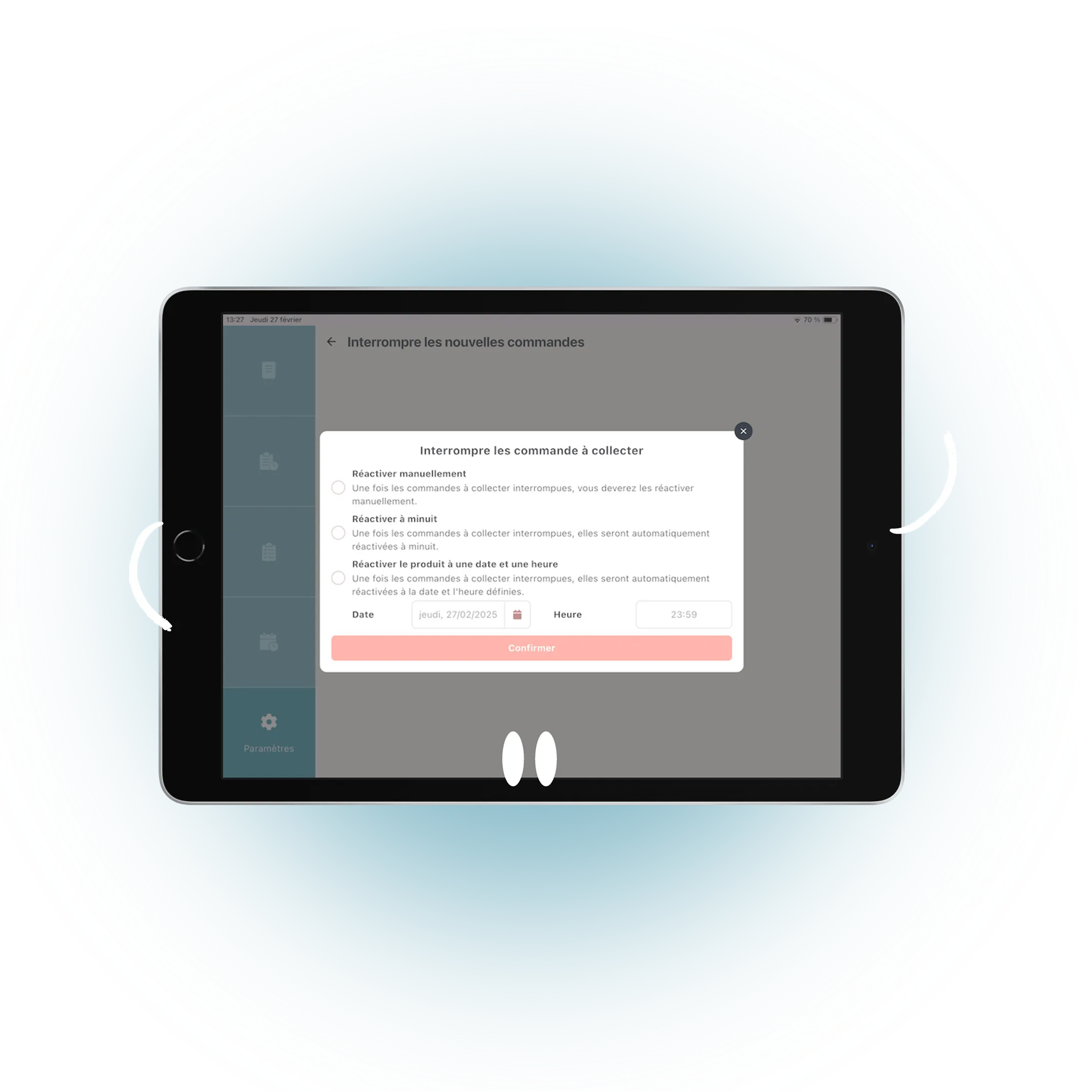 mockup d'une tablette pour interrompre les commandes en ligne