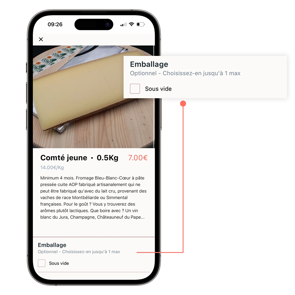 mockup d'un téléphone sur une boutique en ligne d'une fromagerie avec une option optionnelle d'un emballage sous vide