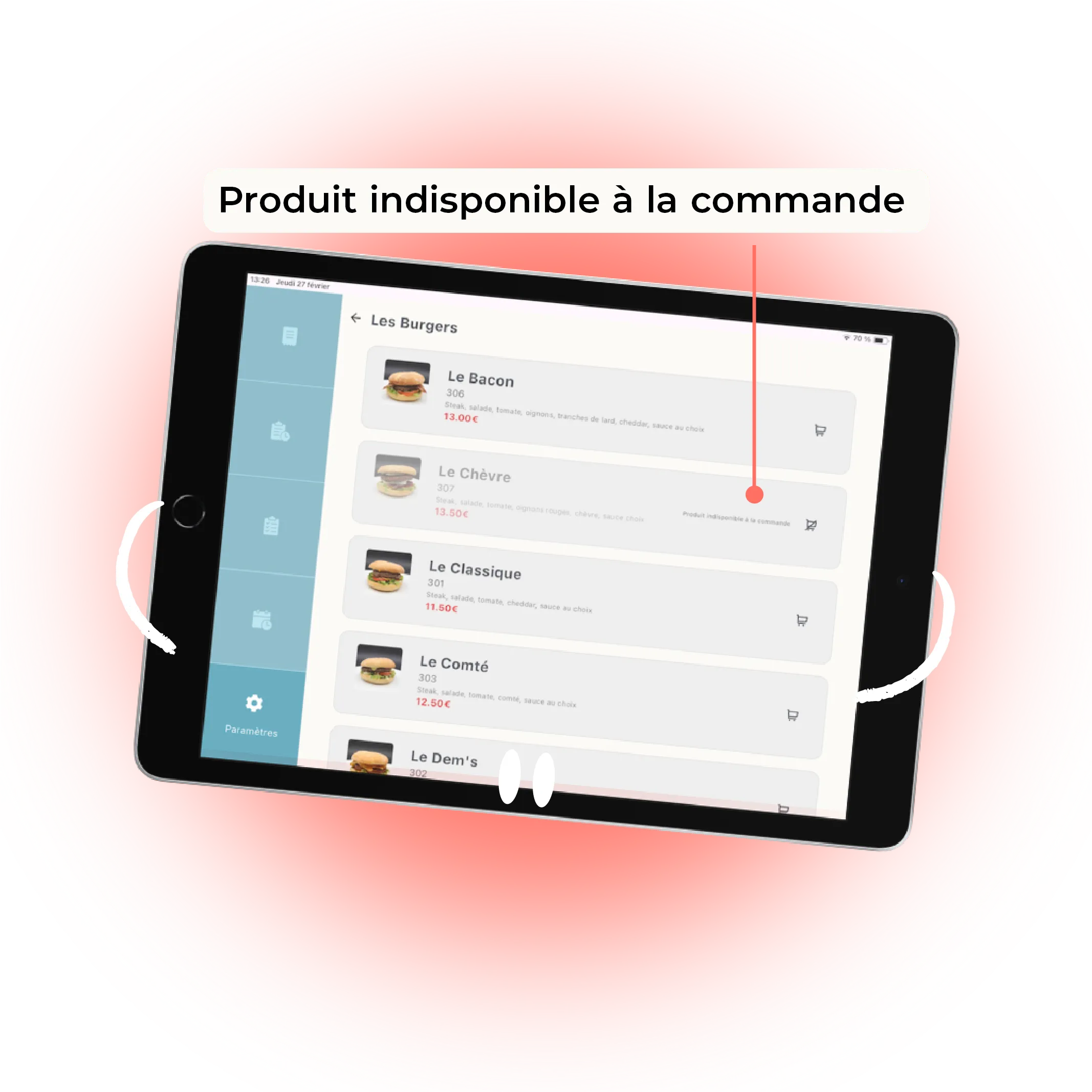 mockup d'une tablette pour mettre un produit indisponible à la commande en ligne d'un restaurant