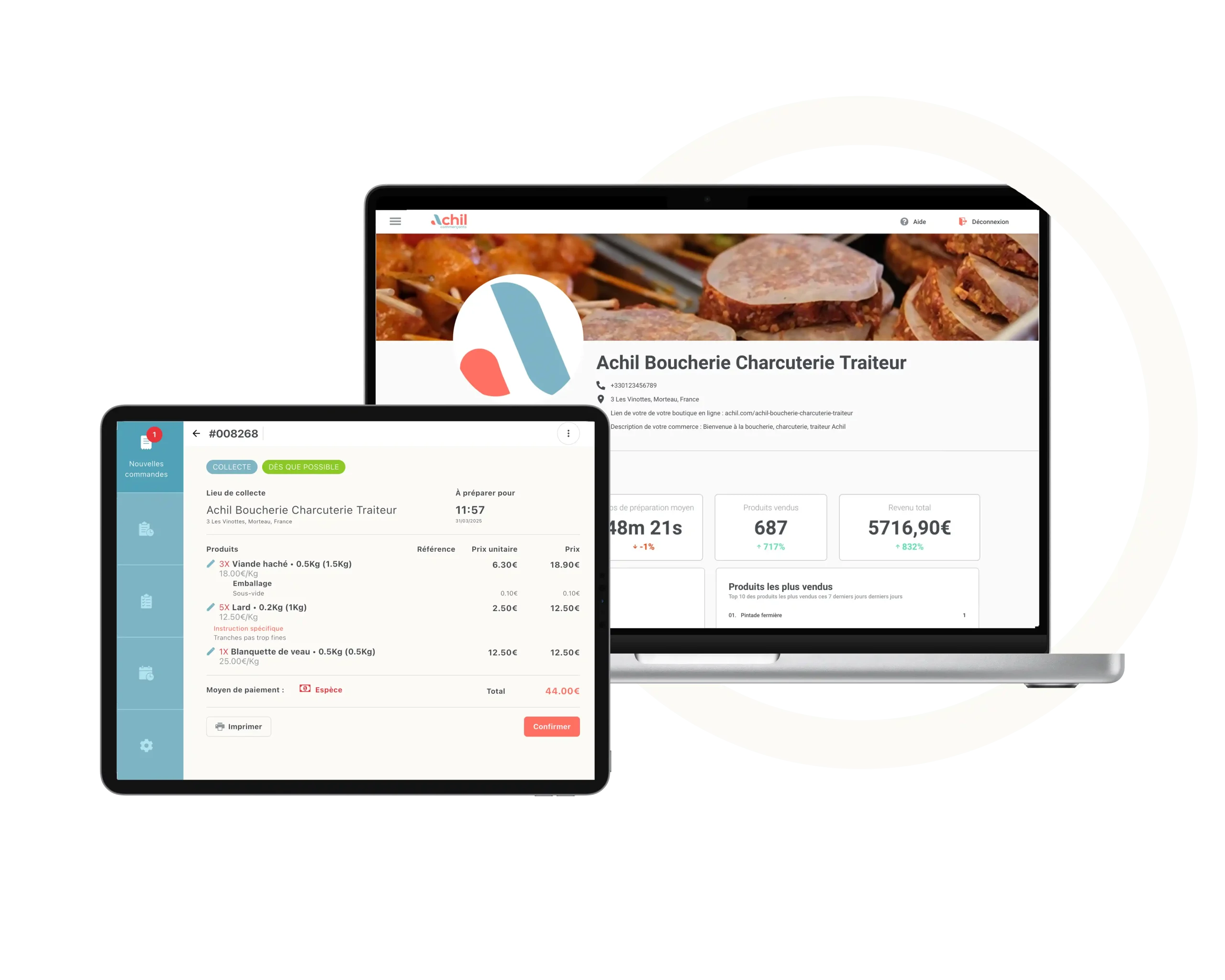 mockup du système de commande en ligne boucherie charcuterie traiteur gratuit Achil sur tablette et ordinateur