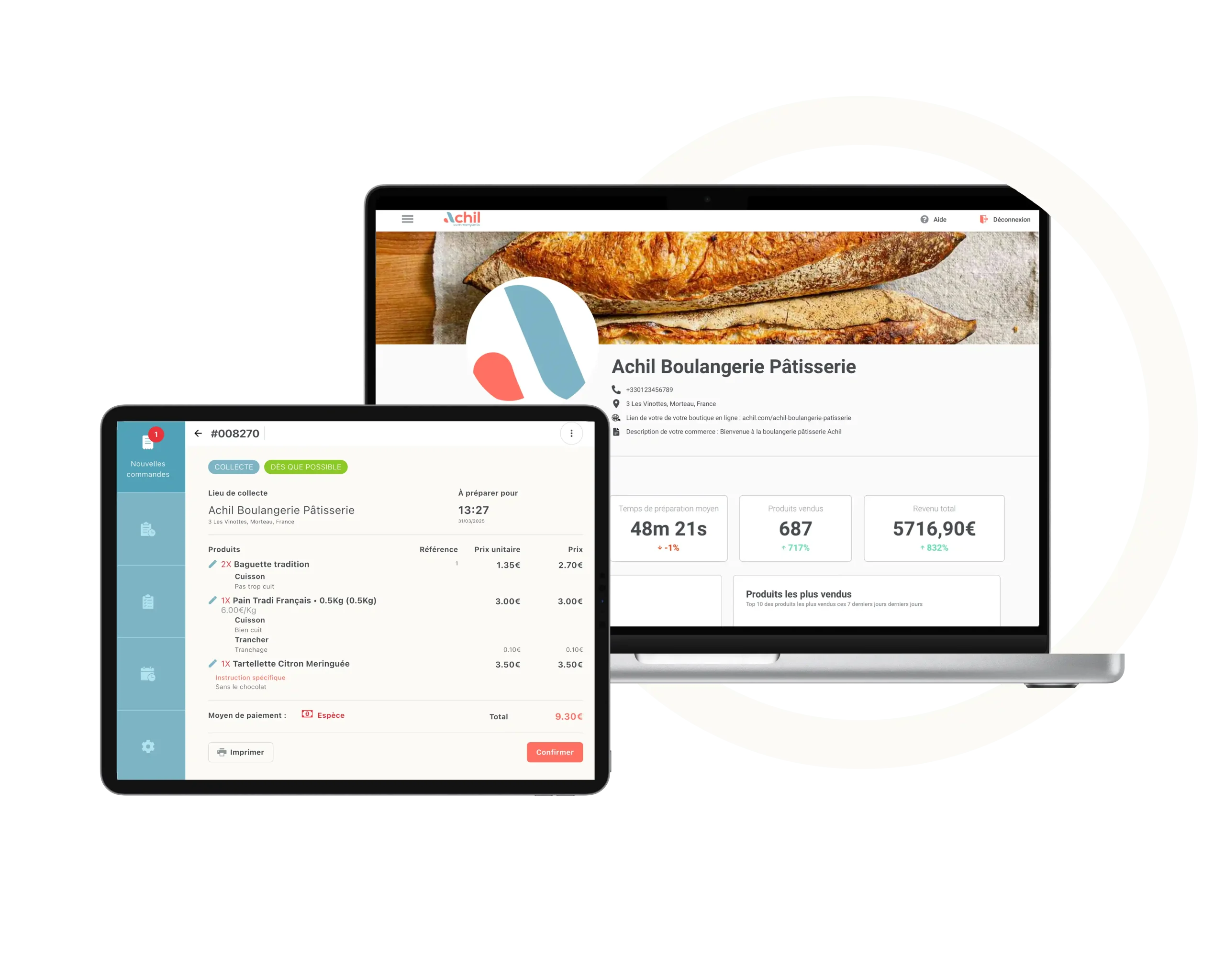 mockup du système de commande en ligne boulangerie pâtisserie gratuit Achil sur tablette et ordinateur