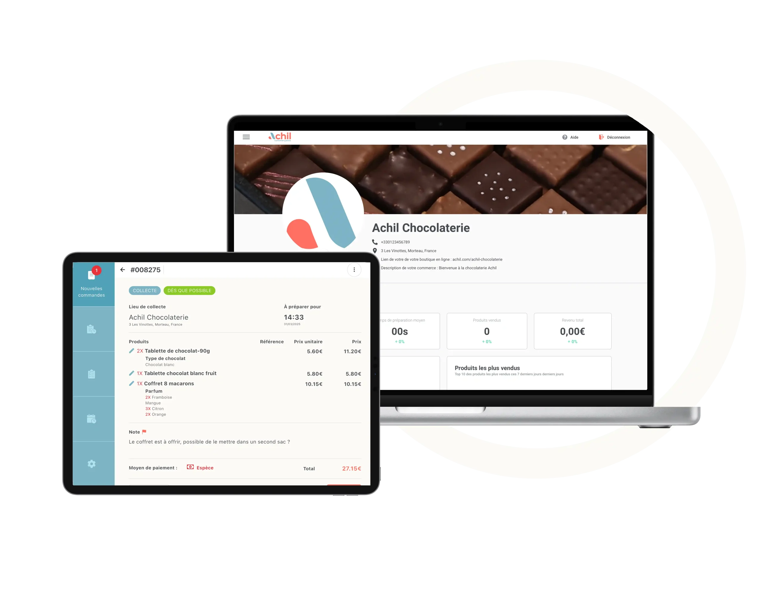 mockup du système de commande en ligne chocolaterie gratuit Achil sur tablette et ordinateur