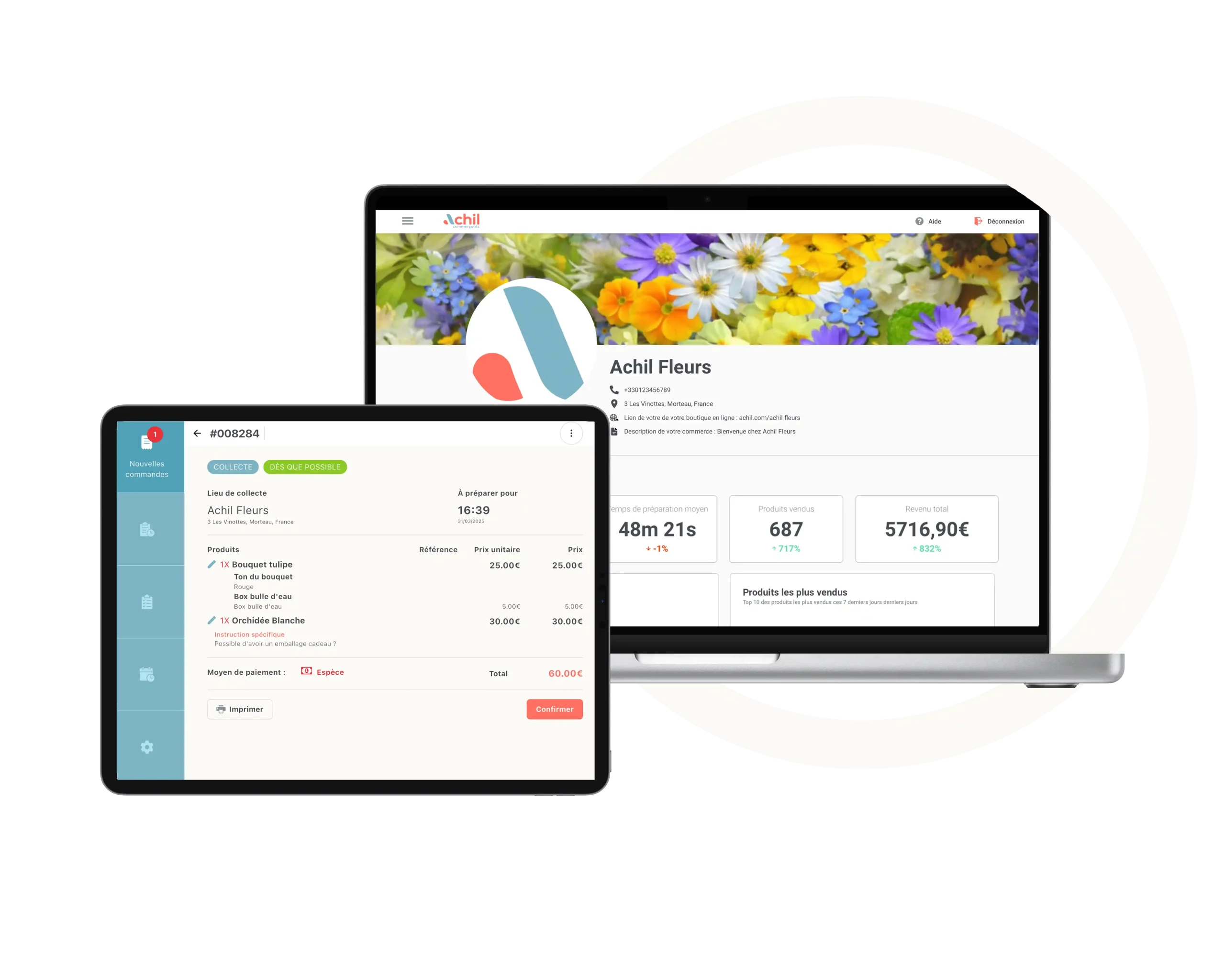 mockup du système de commande en ligne fleuriste gratuit Achil sur tablette et ordinateur