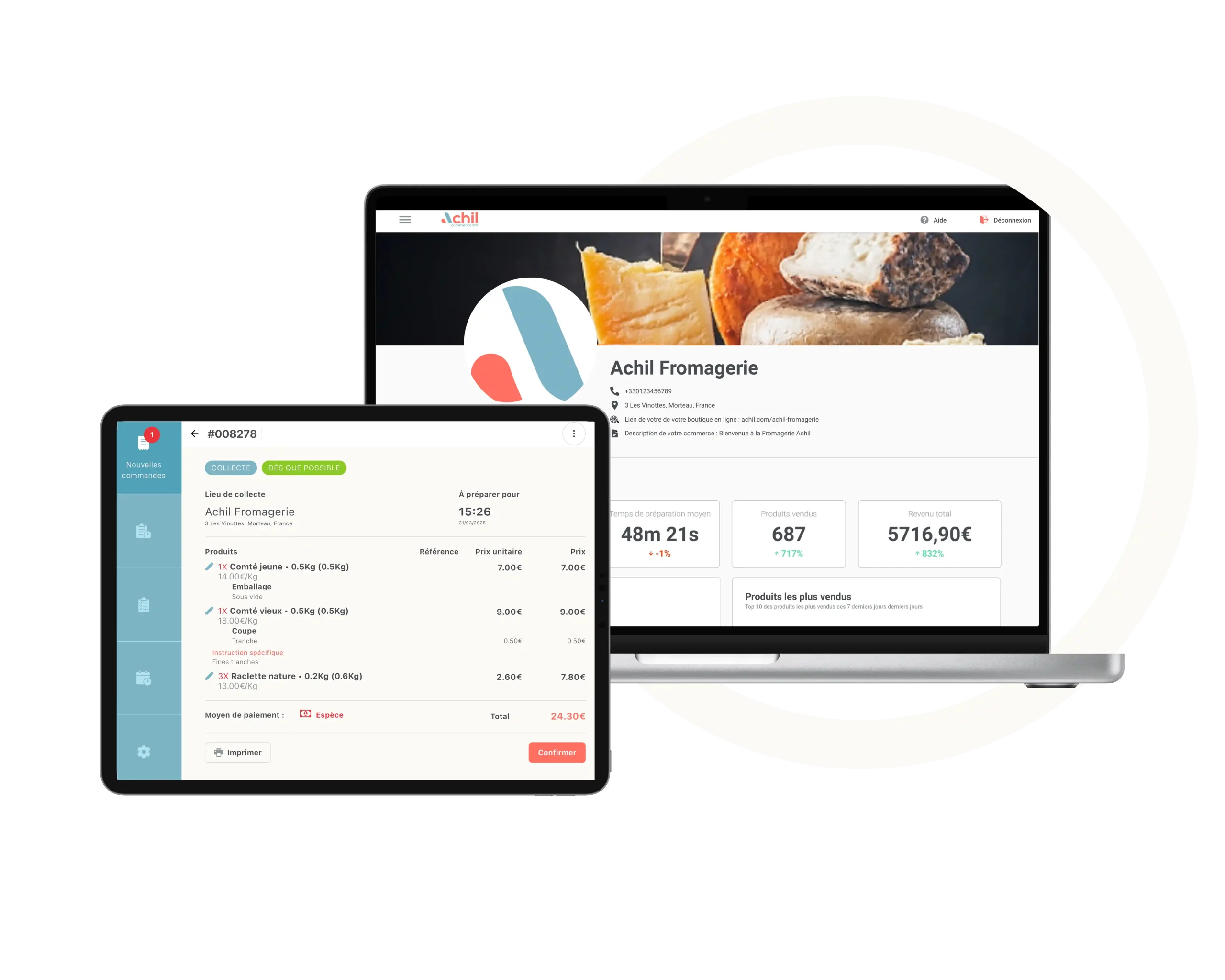 mockup du système de commande en ligne fromagerie gratuit Achil sur tablette et ordinateur