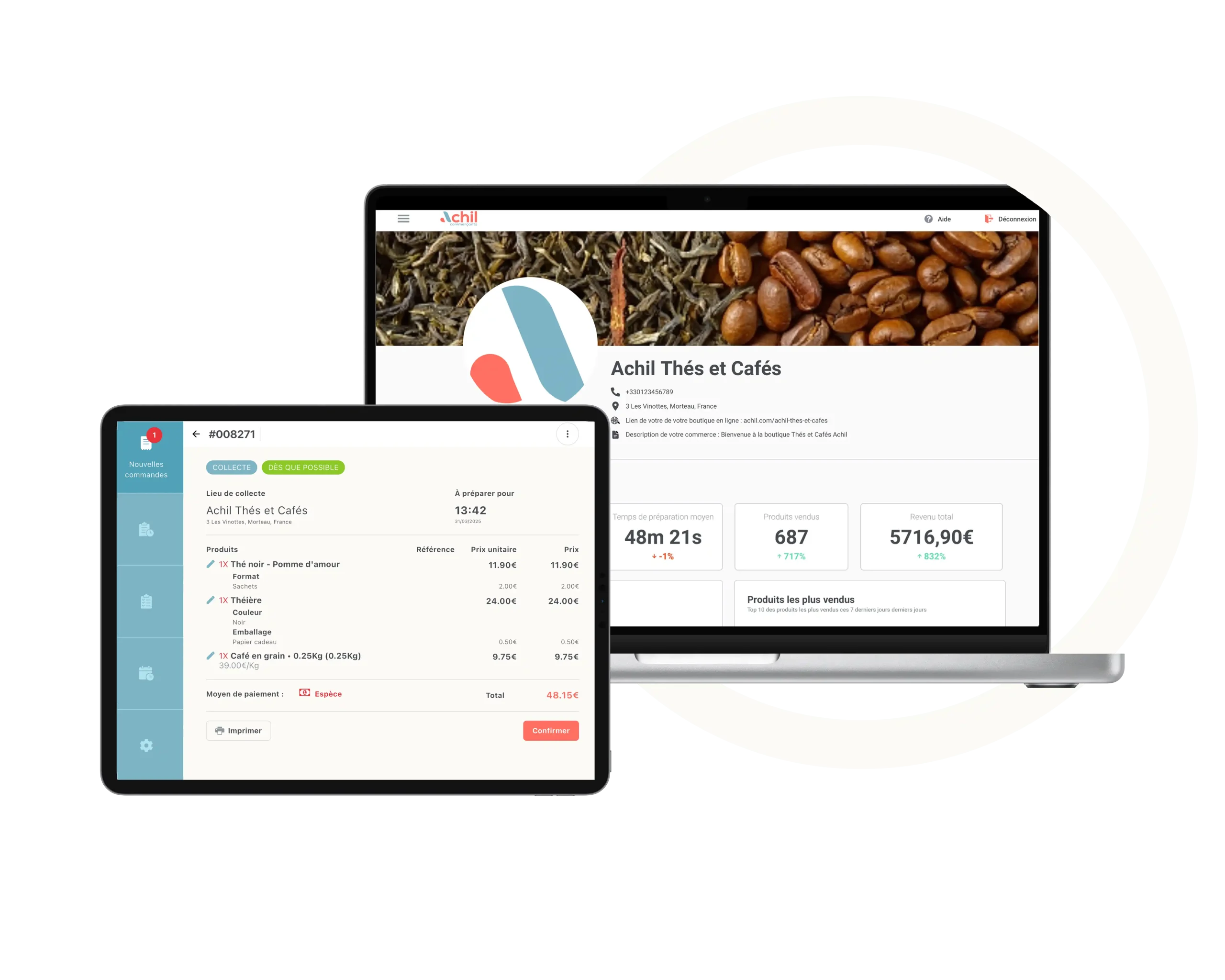 mockup du système de commande en ligne magasin thés et cafés gratuit Achil sur tablette et ordinateur