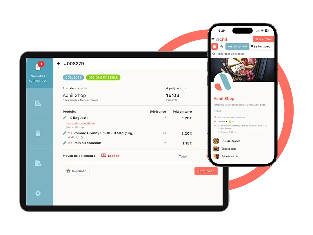 Aperçu de la boutique Achil et de l'interface commerçant