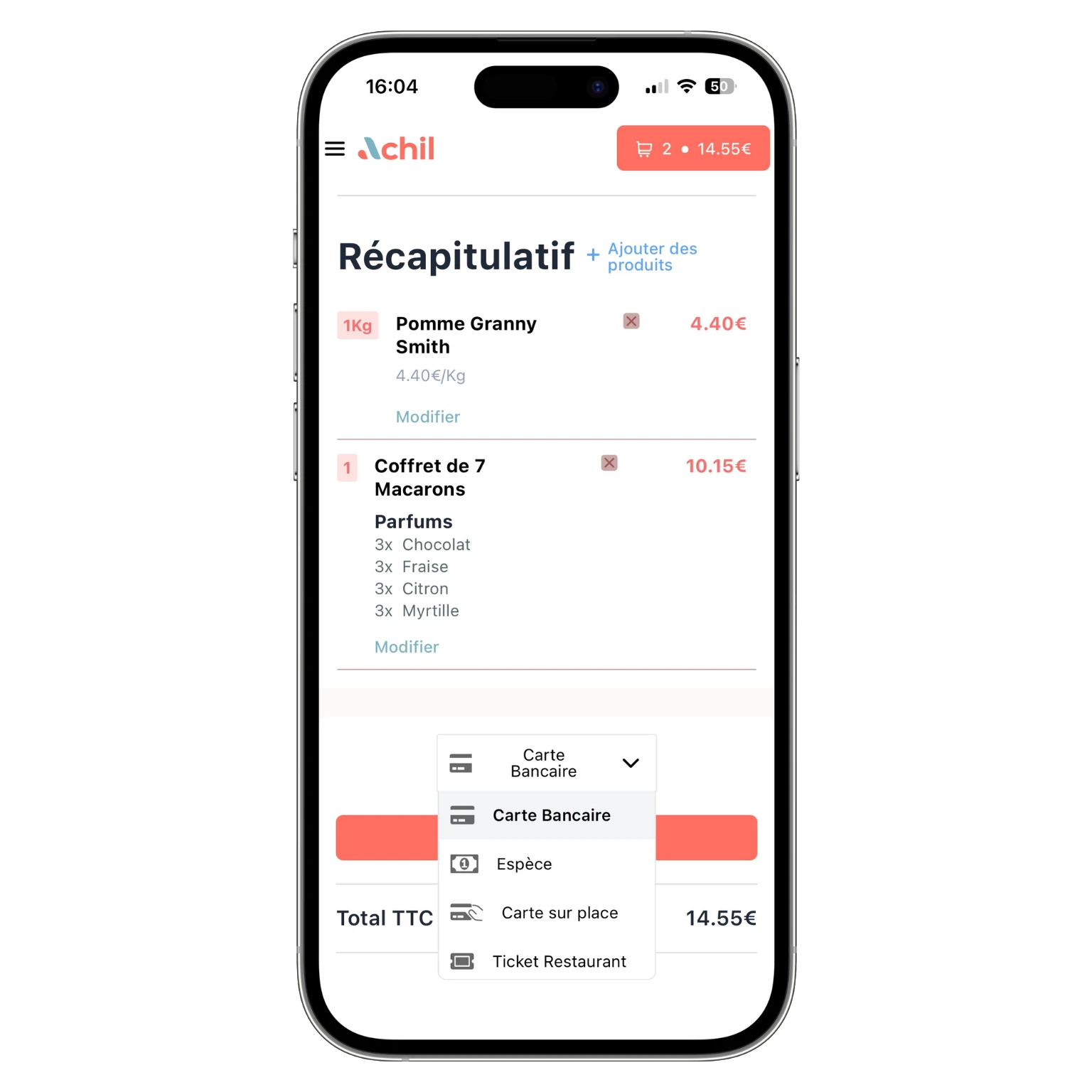 mockup d'un téléphone montrant tous les différents moyen de paiement