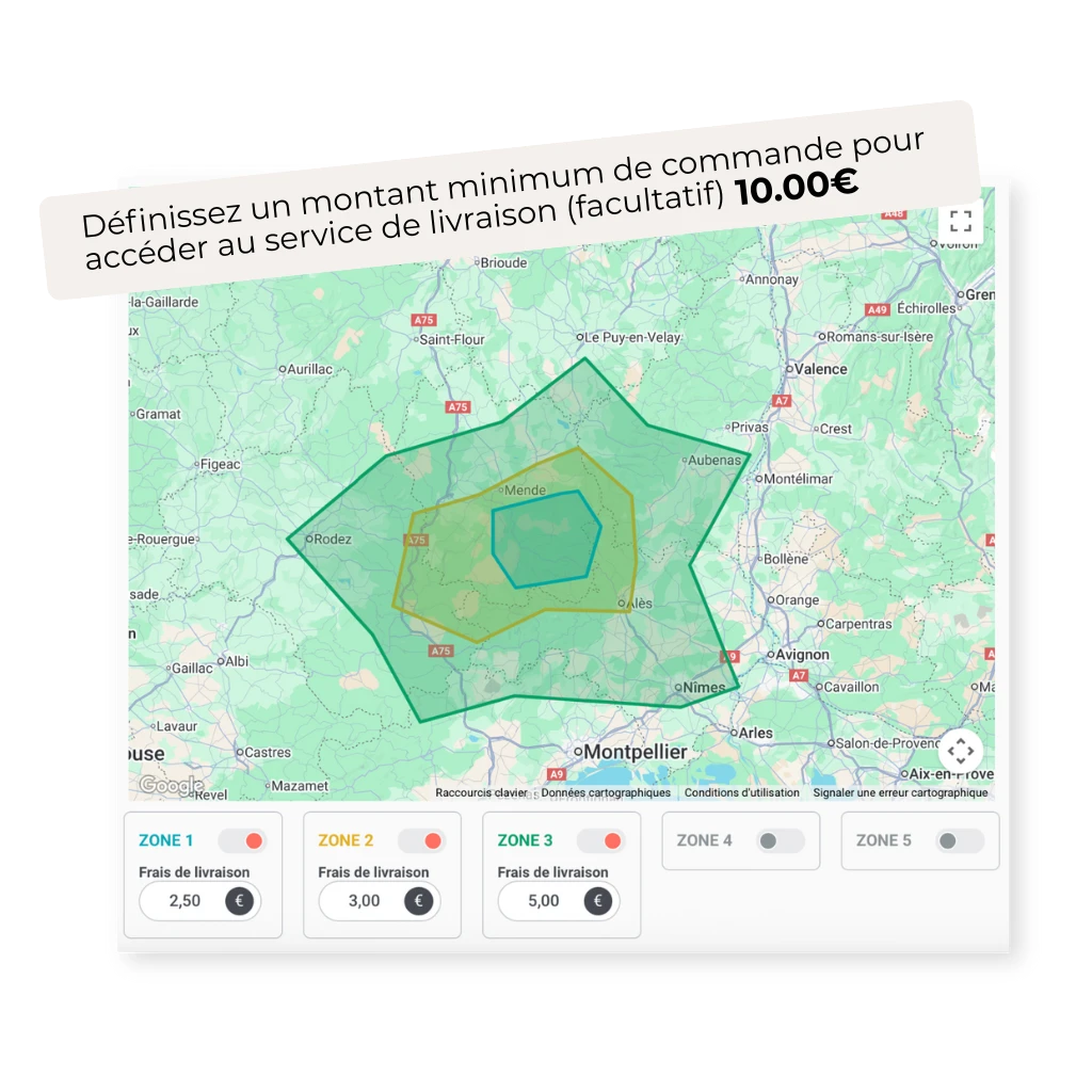 Un morceau de la carte de la France pour montrer la création de zone de livraison et la définition d'un montant minimum de commande pour accéder au service de livraison