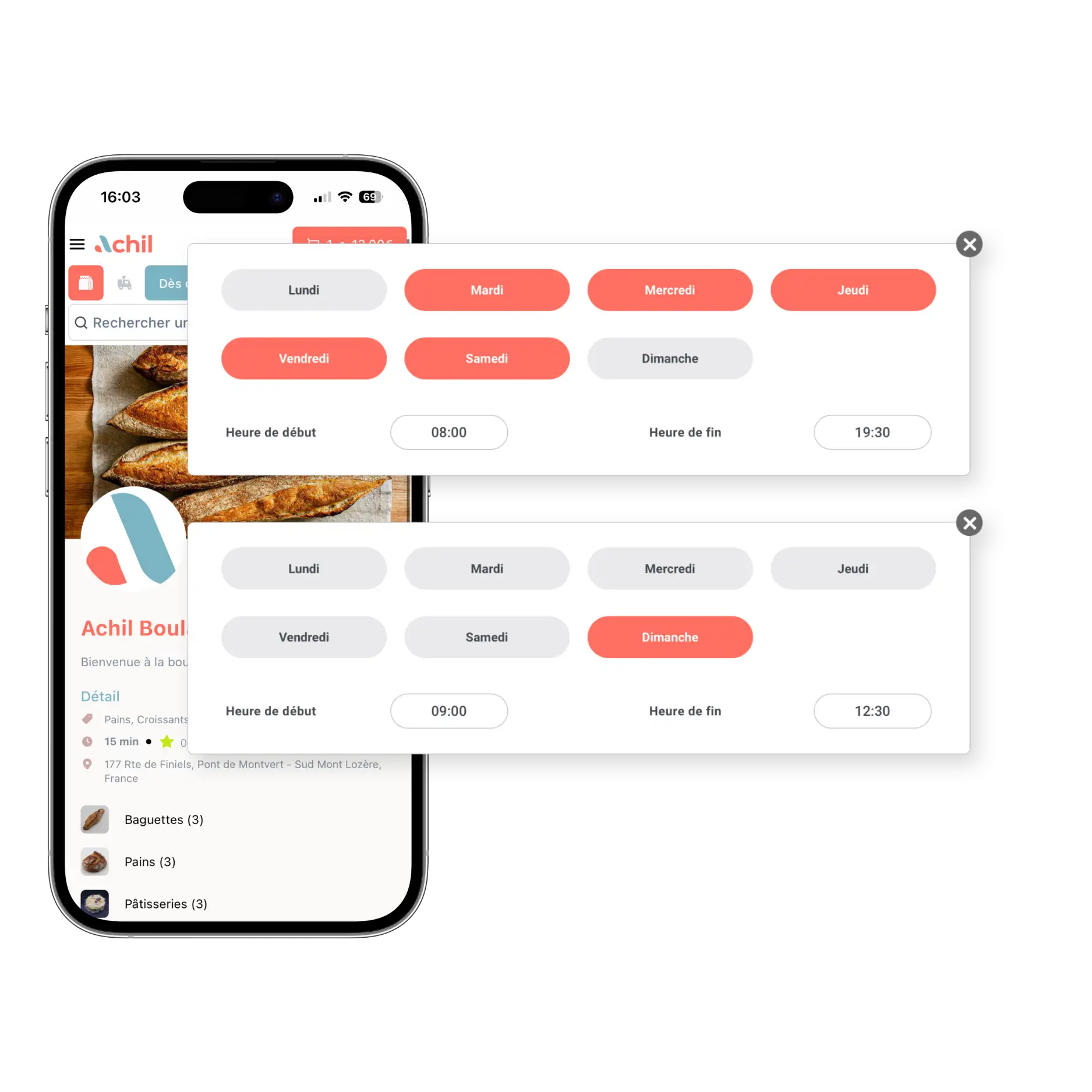 Mockup d'un téléphone montrant les différents horaires d'ouverture d'une boutique en ligne d'une boulangerie pâtisserie