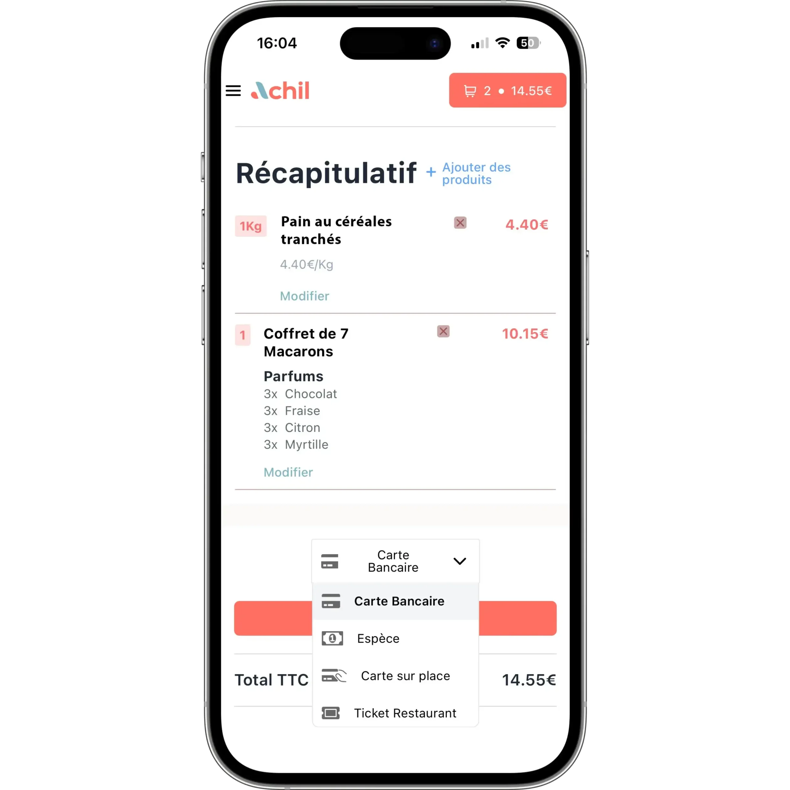 Mockup d'un téléphone montrant les différents moyens de paiement de la boutique en ligne d'une boulangerie pâtisserie