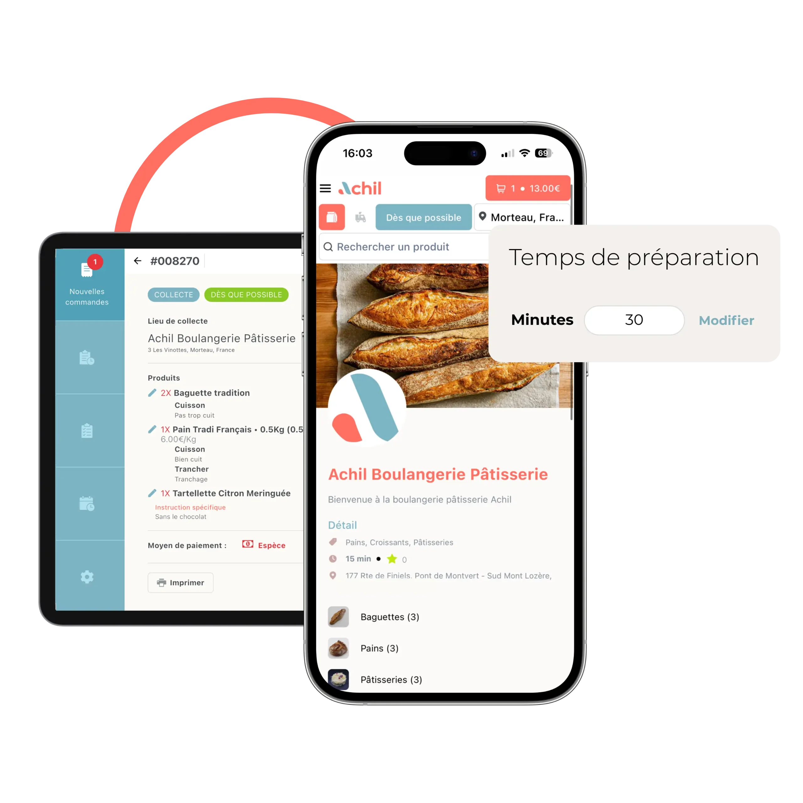 Mockup d'un téléphone et d'une tablette sur une boutique en ligne d'une boulangerie pâtisserie pour paramétrez le temps de préparation d'une commande en ligne