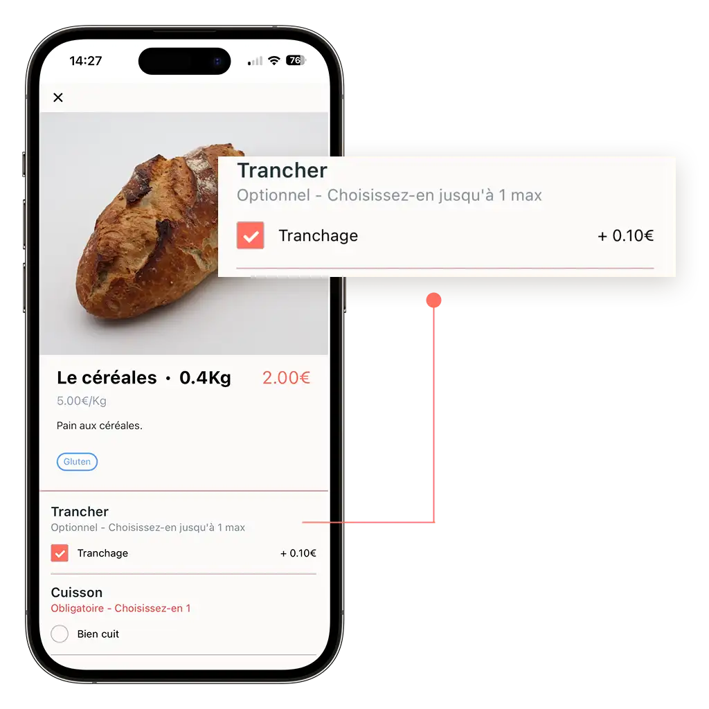 mockup d'un téléphone sur la page d'une pain au céréale avec le choix de prendre une option payante