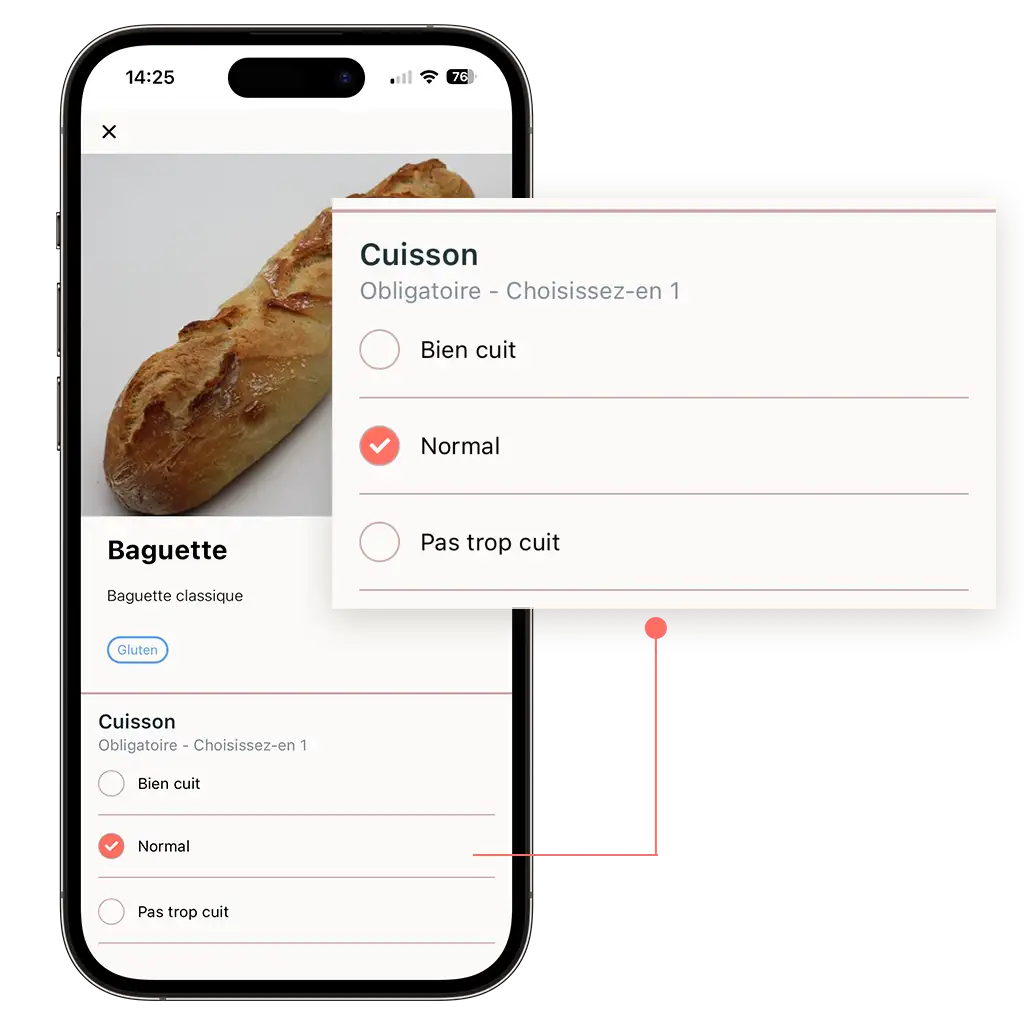 mockup d'un téléphone sur la page d'une baguette avec une option obligatoire à sélectionner (cuisson de la baguette)