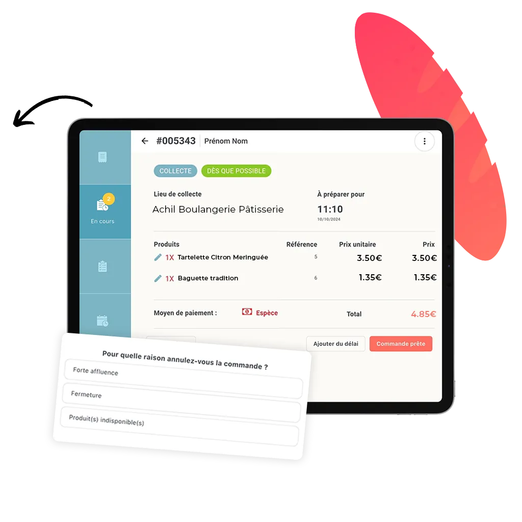 tablette d'une commande en ligne d'une boulangerie pâtisserie sur l'annulation d'une commande en ligne