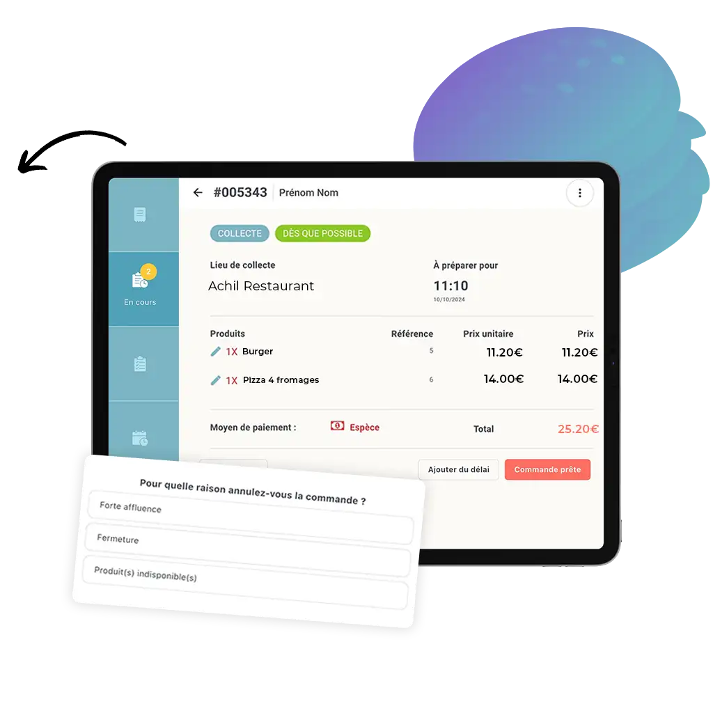 Mockup d'une tablette pour illustrer le fait qu'un restaurateur puissent annuler une commande passée en ligne