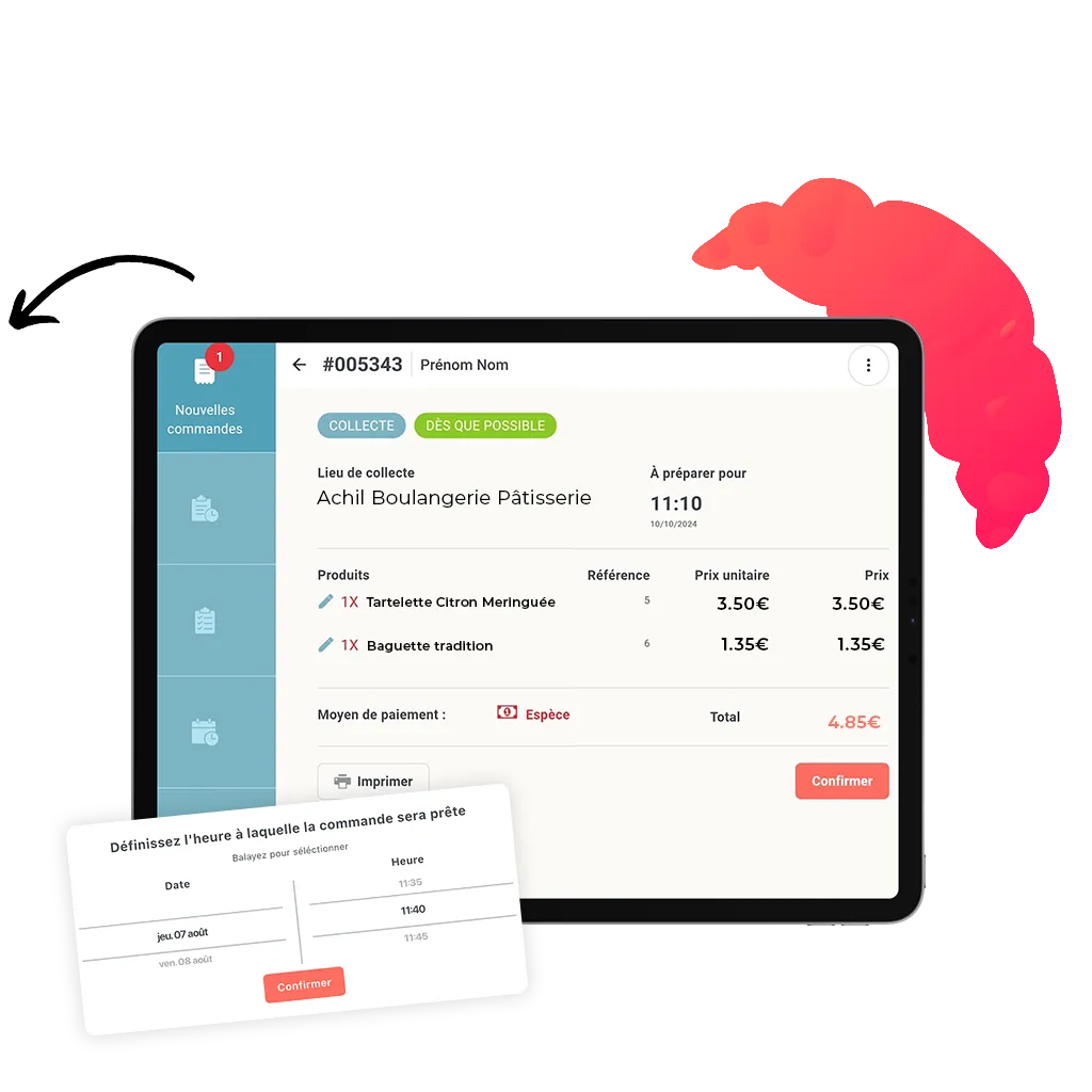 Tablette d'une commande en ligne d'une boulangerie pâtisserie montrant la confirmation de celle-ci avec les différentes horaires