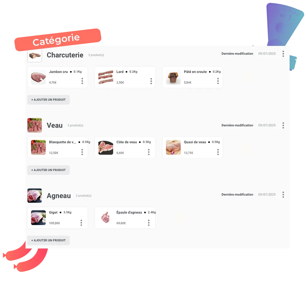 exemple de différentes catégories possible pour la boutique en ligne d'une boucherie charcuterie traiteur