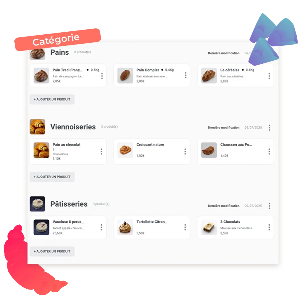 screen de différent exemple de catégorie de produit d'une boutique en ligne d'une boulangerie pâtisserie