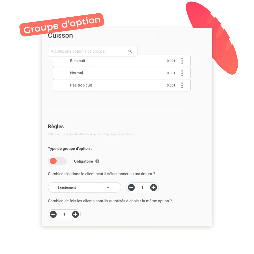 screen d'un exemple de groupe d'option possible pour un site de commande en ligne pour boulangerie pâtisserie (exemple = type de cuisson du pain)