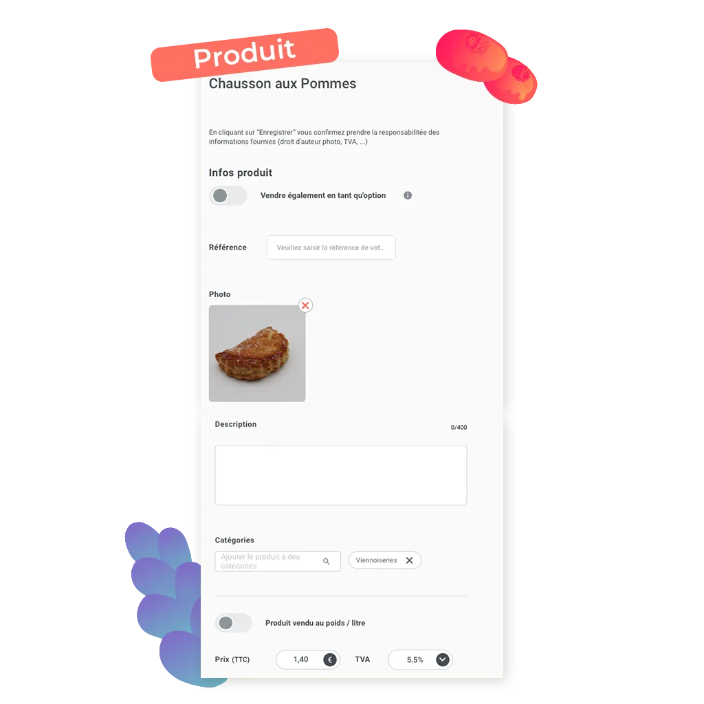 screen d'un exemple de produit de vente en ligne pour boulangerie pâtisserie