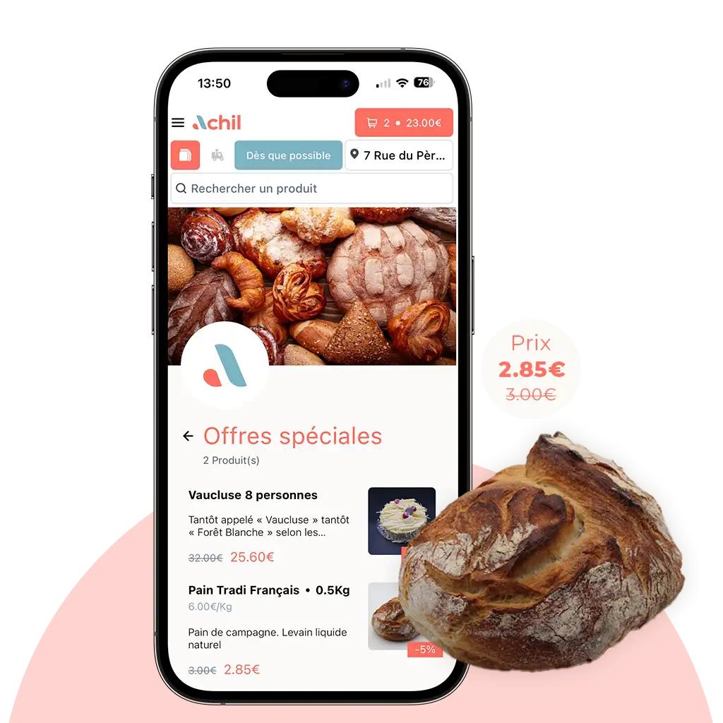 mockup d'un téléphone sur la page "offre spéciale" de la boutique en ligne d'une boulangerie pâtisserie