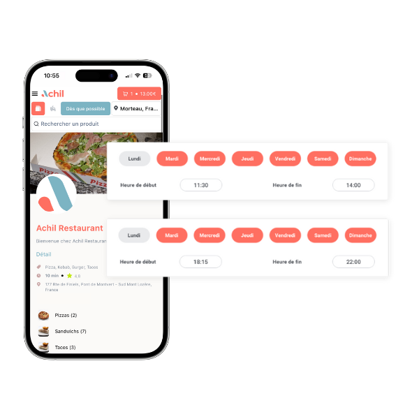 Mockup d'un téléphone avec les horaires d'une boutique en ligne d'un restaurant