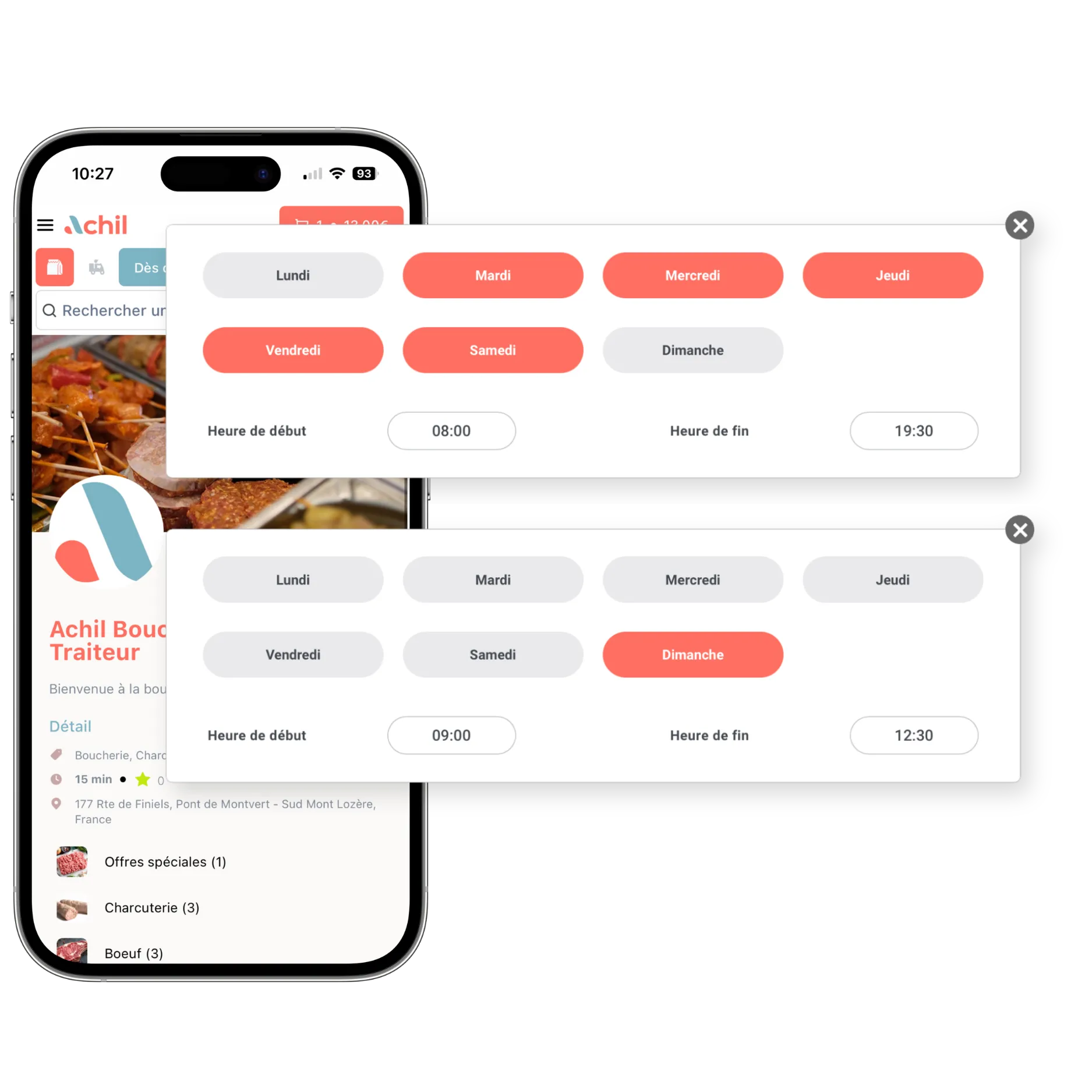 téléphone sur la boutique en ligne d'une boucherie charcuterie traiteur avec ses différentes horaires d'ouverture